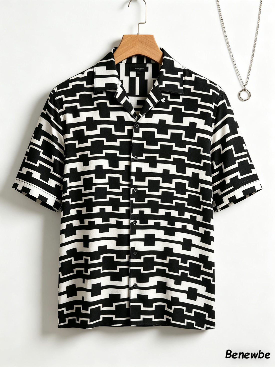 Men's Black-White Geometric Grid Short Sleeve Shirt, Retro Camp Collar Loose Casual Top