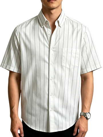 Men's Minimal Thin Vertical Stripe Short Sleeve Shirt, Casual Button‑Down Collar Top with Chest Pocket