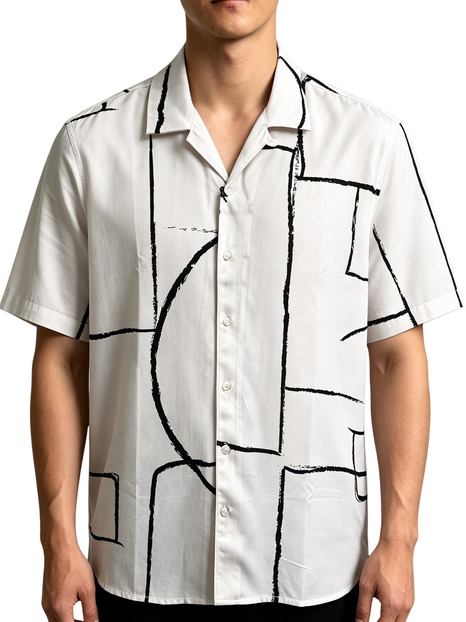 Men's Minimalist Geometric Hand‑Drawn Line Short Sleeve Shirt, Art‑Inspired Camp Collar Loose Casual Top