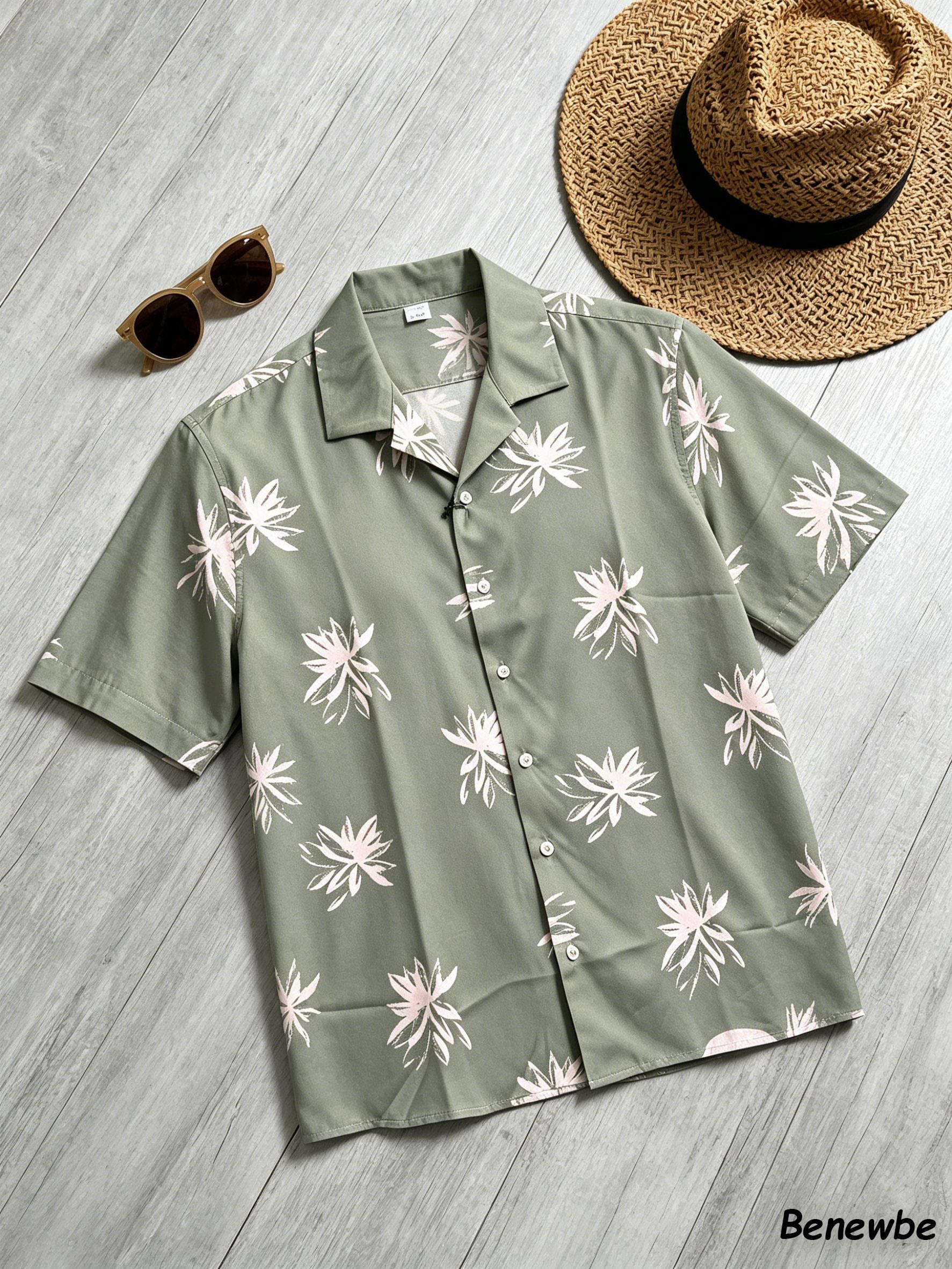Men's Vacation-Style Hand-Drawn Floral Short Sleeve Shirt, Multi-Color Camp Collar Loose Beach Top