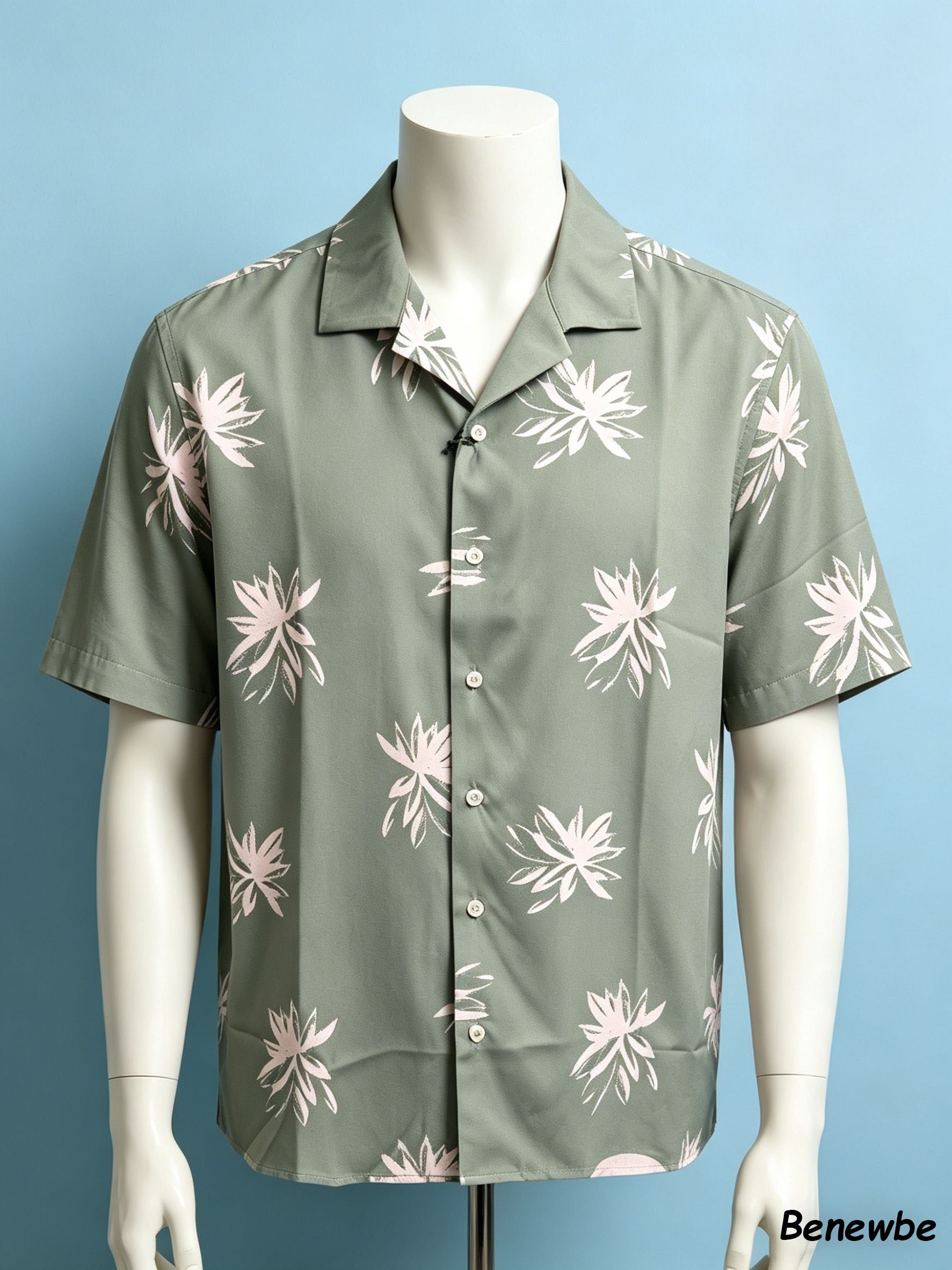 Men's Vacation-Style Hand-Drawn Floral Short Sleeve Shirt, Multi-Color Camp Collar Loose Beach Top