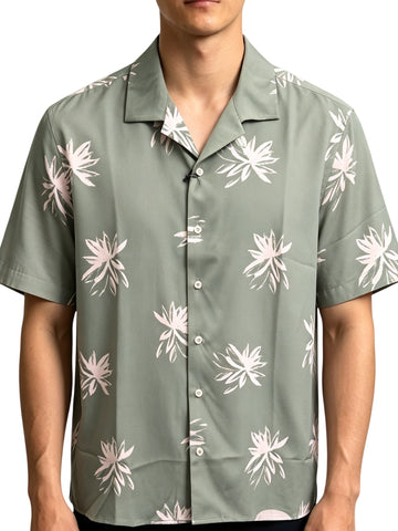 Men's Vacation-Style Hand-Drawn Floral Short Sleeve Shirt, Multi-Color Camp Collar Loose Beach Top