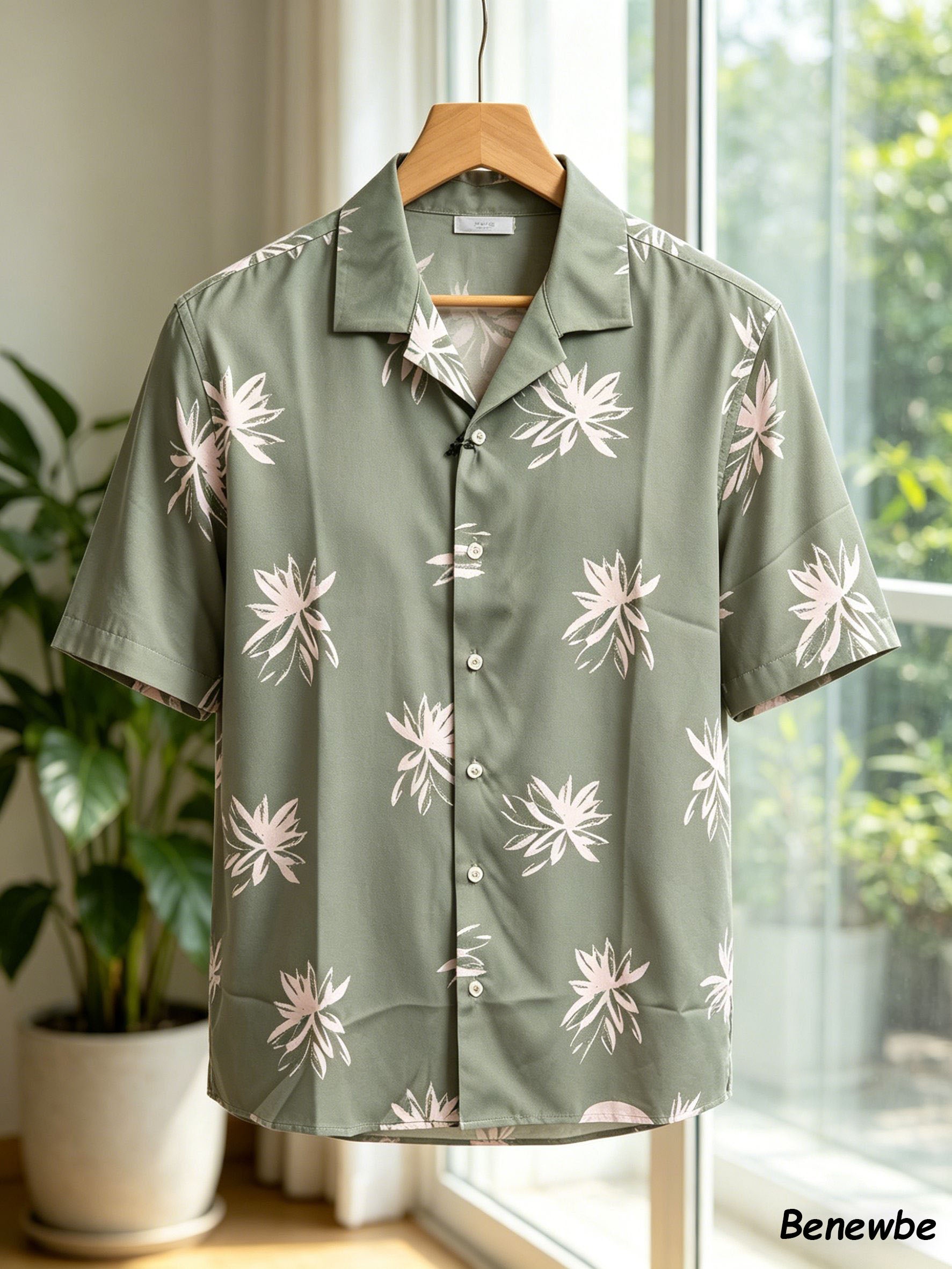 Men's Vacation-Style Hand-Drawn Floral Short Sleeve Shirt, Multi-Color Camp Collar Loose Beach Top