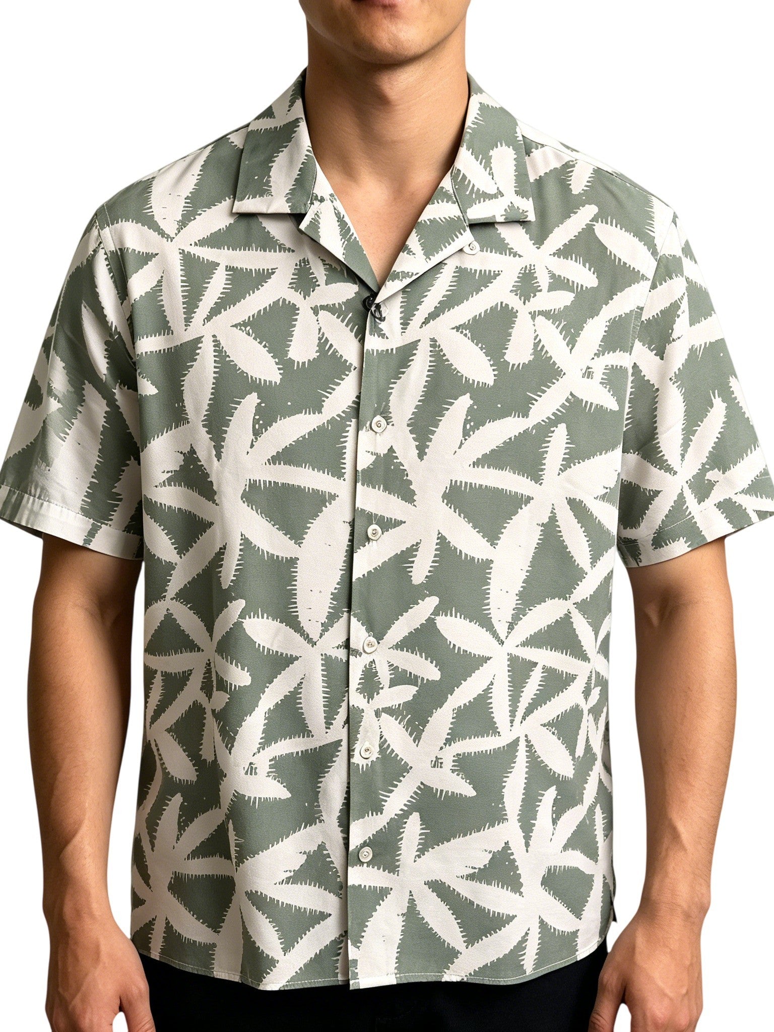 Men's Vacation-Style Jagged Palm Leaf Short Sleeve Shirt, 2-Color Camp Collar Loose Beach Top