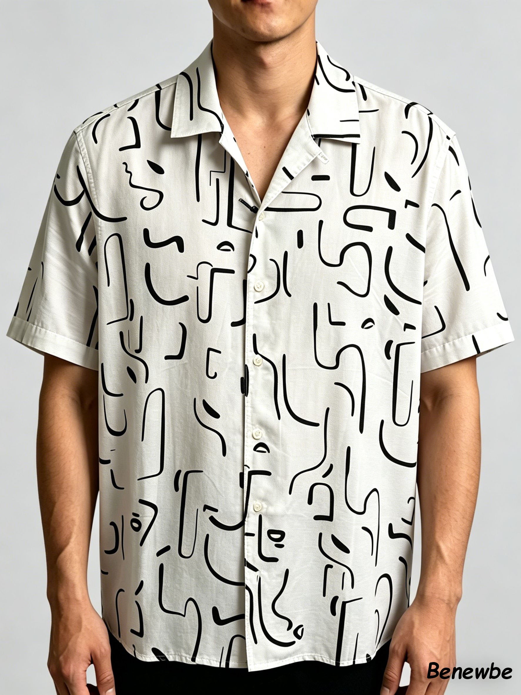 Minimalist Black‑White Graffiti All‑Over Print Shirt, Breathable Vacation‑Style Short Sleeve Blouse for Men