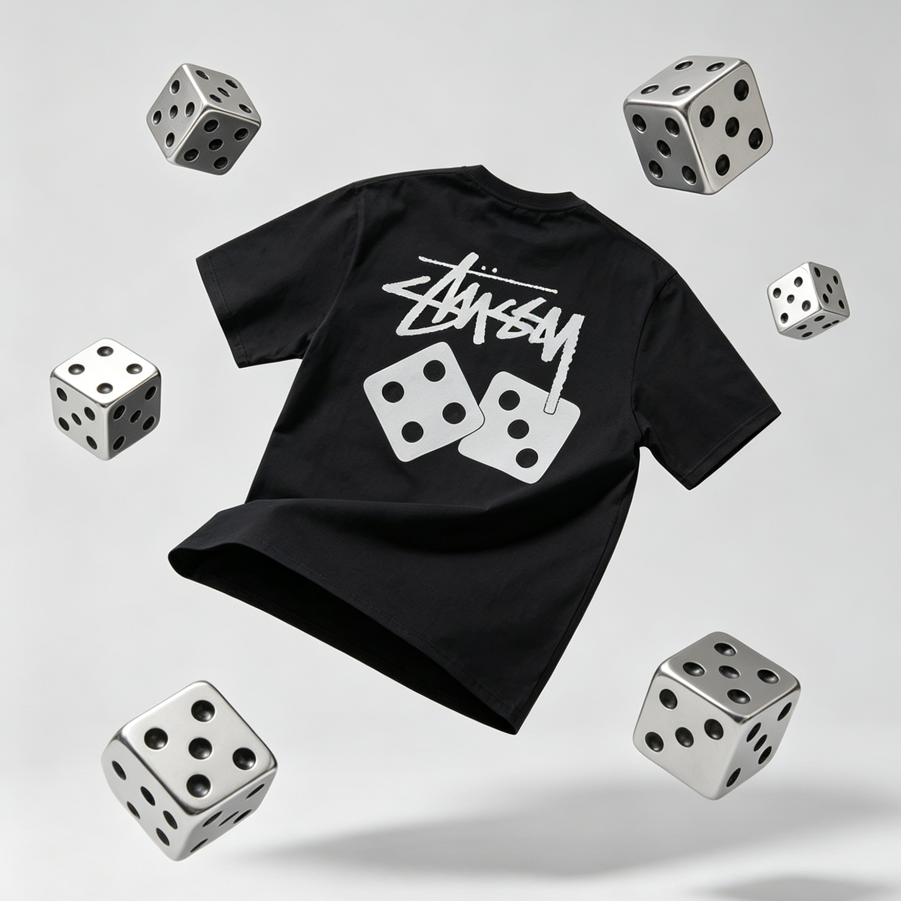 Double-Sided Graffiti Script & Simple Dice Print Short Sleeve Top, Pure Cotton Casual Basic T‑Shirt
