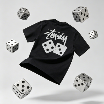 Double-Sided Graffiti Script & Simple Dice Print Short Sleeve Top, Pure Cotton Casual Basic T‑Shirt