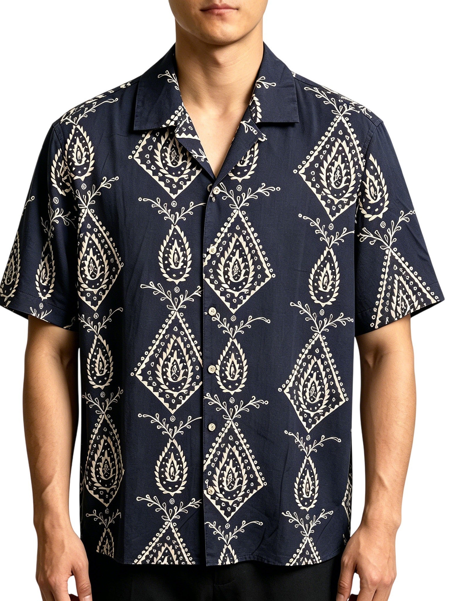 Men's Navy Paisley Geometric Short Sleeve Shirt, Retro Ethnic Camp Collar Loose Casual Top