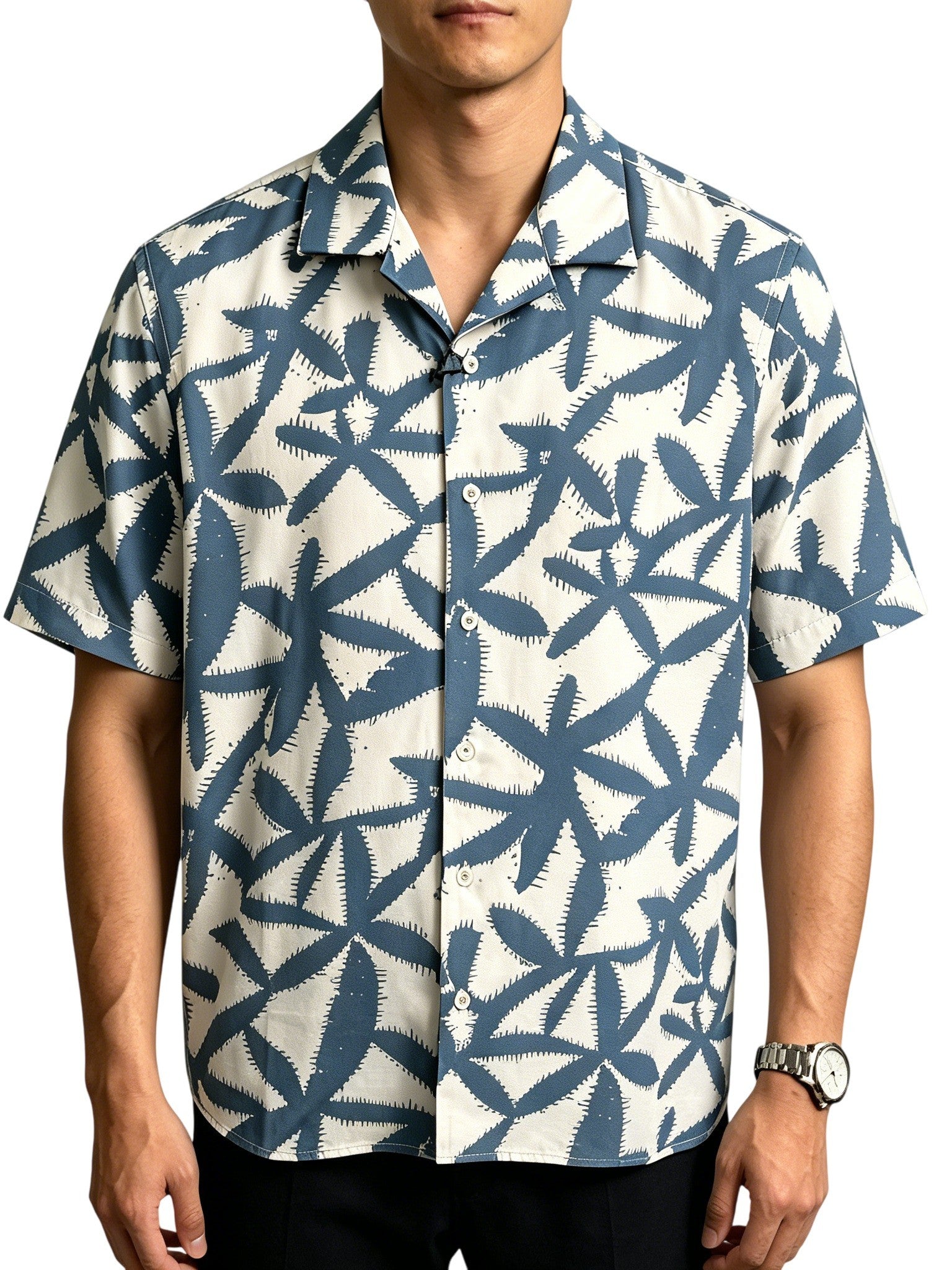 Men's Vacation-Style Jagged Palm Leaf Short Sleeve Shirt, 2-Color Camp Collar Loose Beach Top