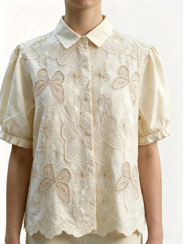 French Vintage Floral Applique Short Sleeve Top, Ruffle Cuff Casual Button Down Blouse