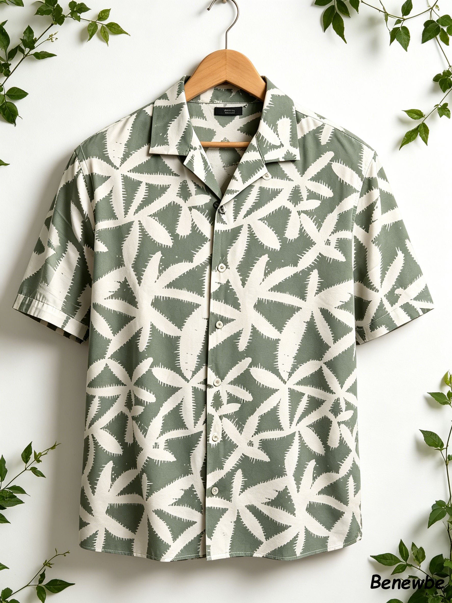 Men's Vacation-Style Jagged Palm Leaf Short Sleeve Shirt, 2-Color Camp Collar Loose Beach Top