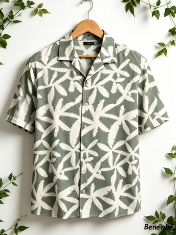 Men's Vacation-Style Jagged Palm Leaf Short Sleeve Shirt, 2-Color Camp Collar Loose Beach Top