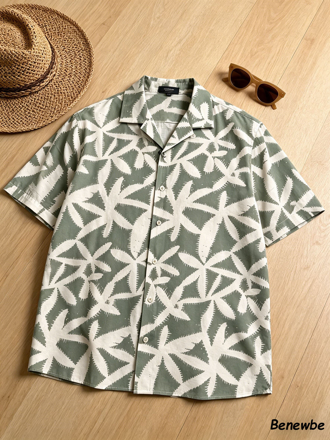 Men's Vacation-Style Jagged Palm Leaf Short Sleeve Shirt, 2-Color Camp Collar Loose Beach Top