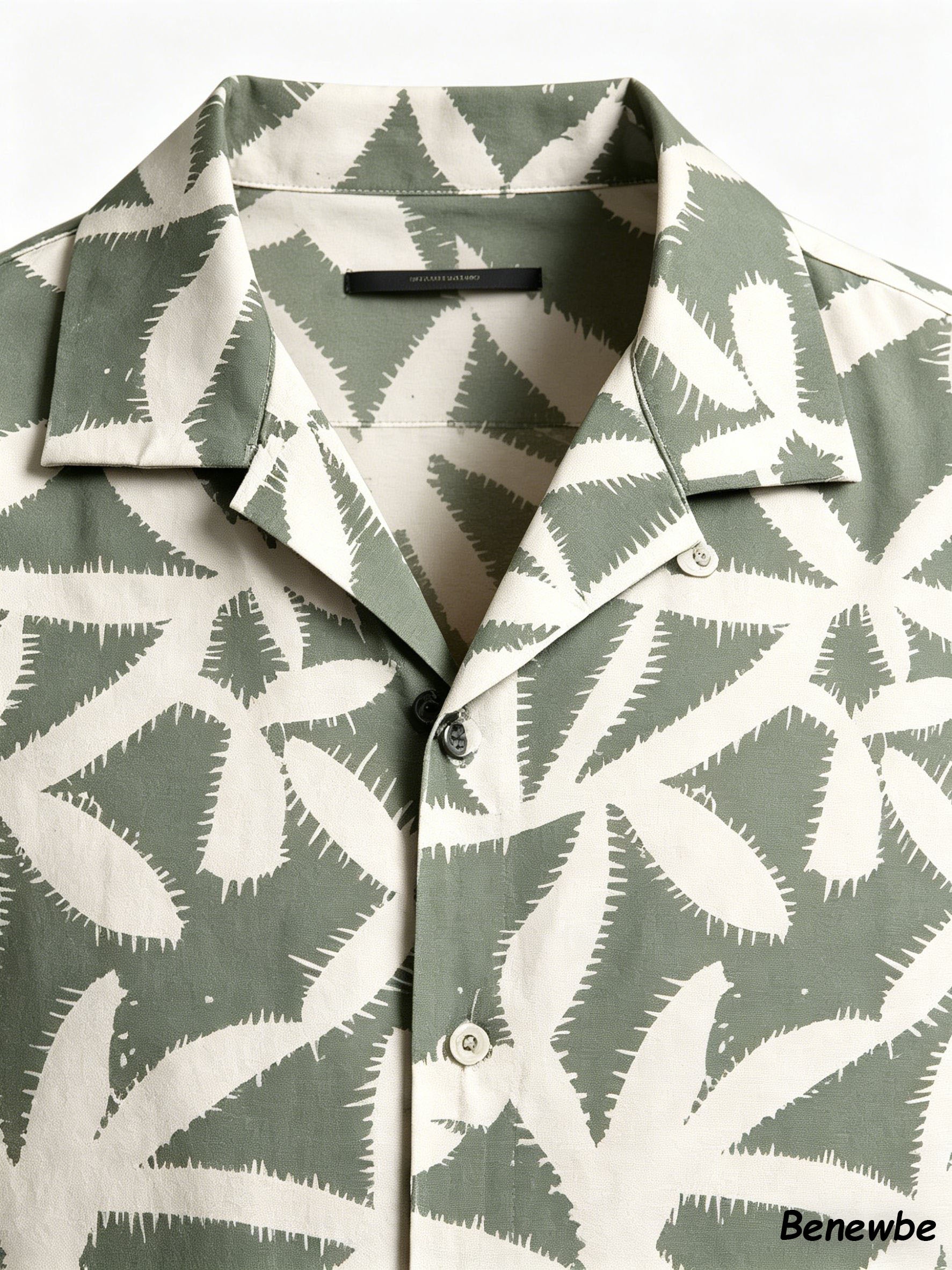 Men's Vacation-Style Jagged Palm Leaf Short Sleeve Shirt, 2-Color Camp Collar Loose Beach Top