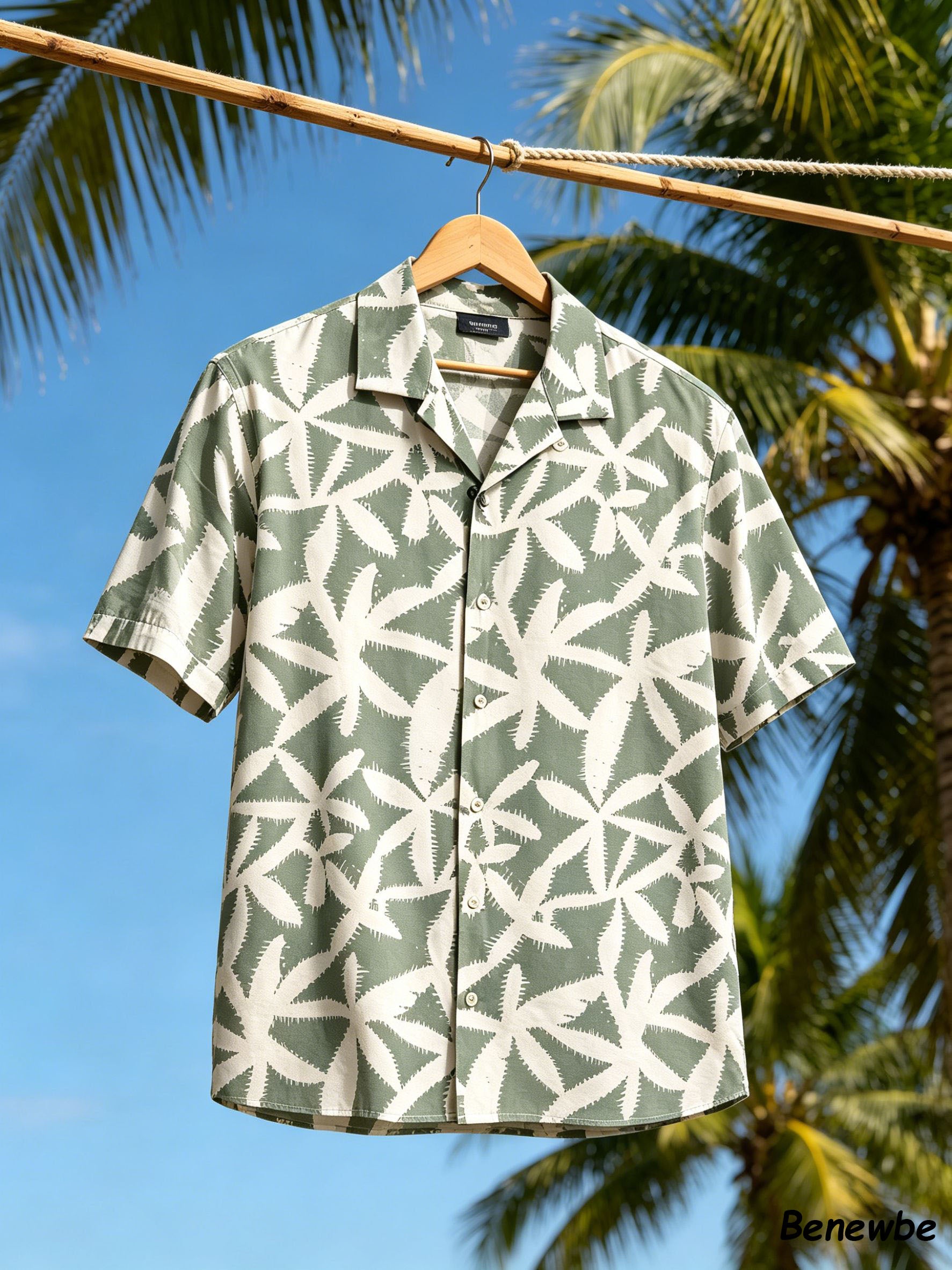 Men's Vacation-Style Jagged Palm Leaf Short Sleeve Shirt, 2-Color Camp Collar Loose Beach Top