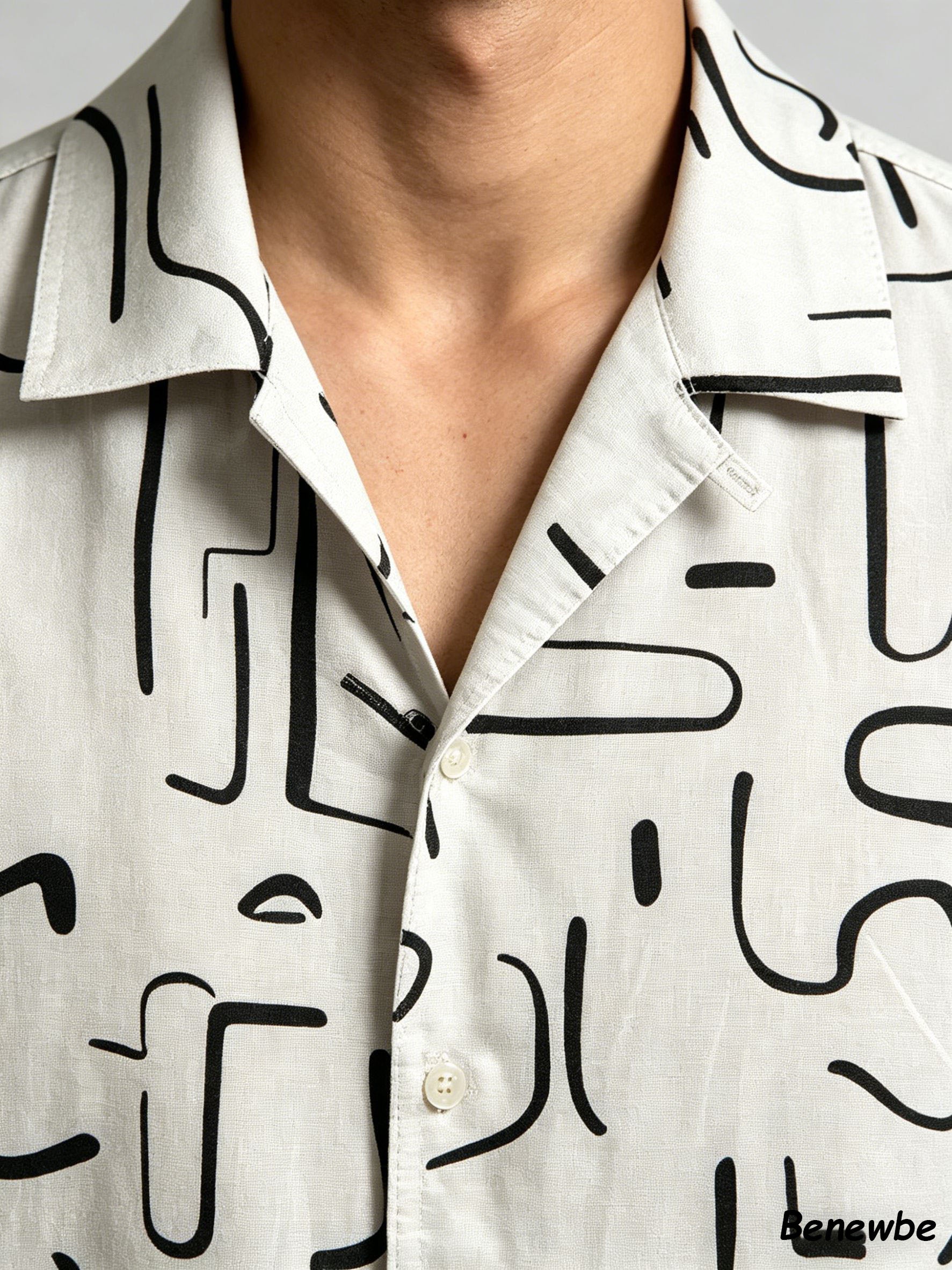 Minimalist Black‑White Graffiti All‑Over Print Shirt, Breathable Vacation‑Style Short Sleeve Blouse for Men