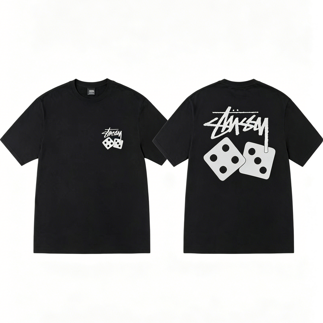 Double-Sided Graffiti Script & Simple Dice Print Short Sleeve Top, Pure Cotton Casual Basic T‑Shirt