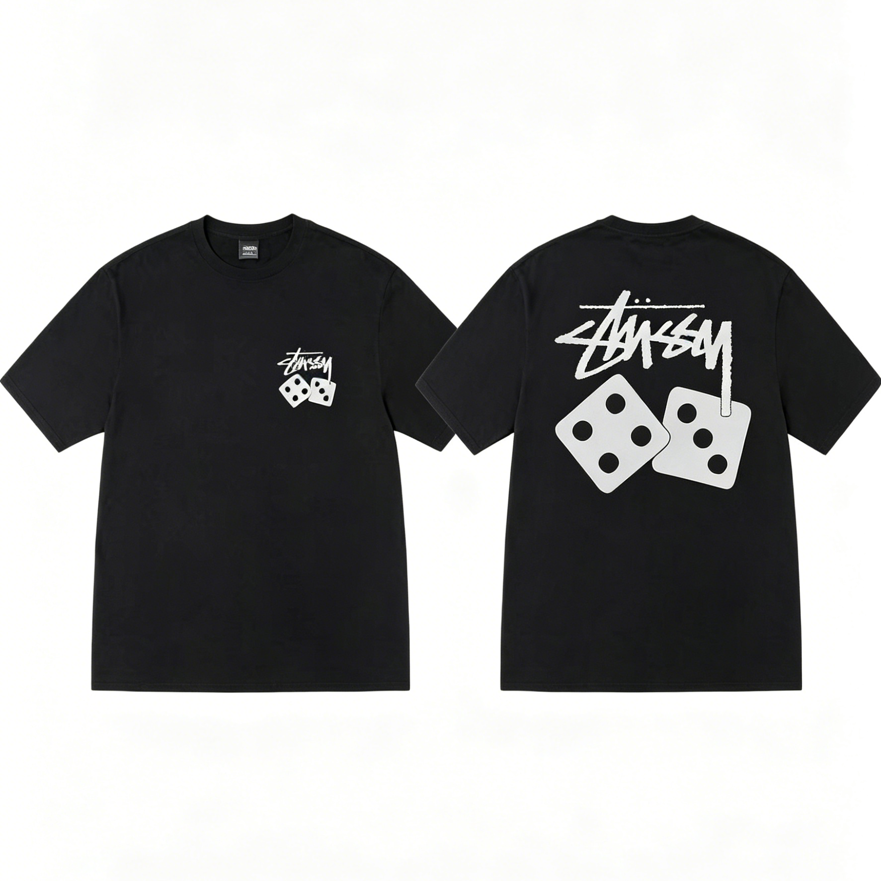 Double-Sided Graffiti Script & Simple Dice Print Short Sleeve Top, Pure Cotton Casual Basic T‑Shirt