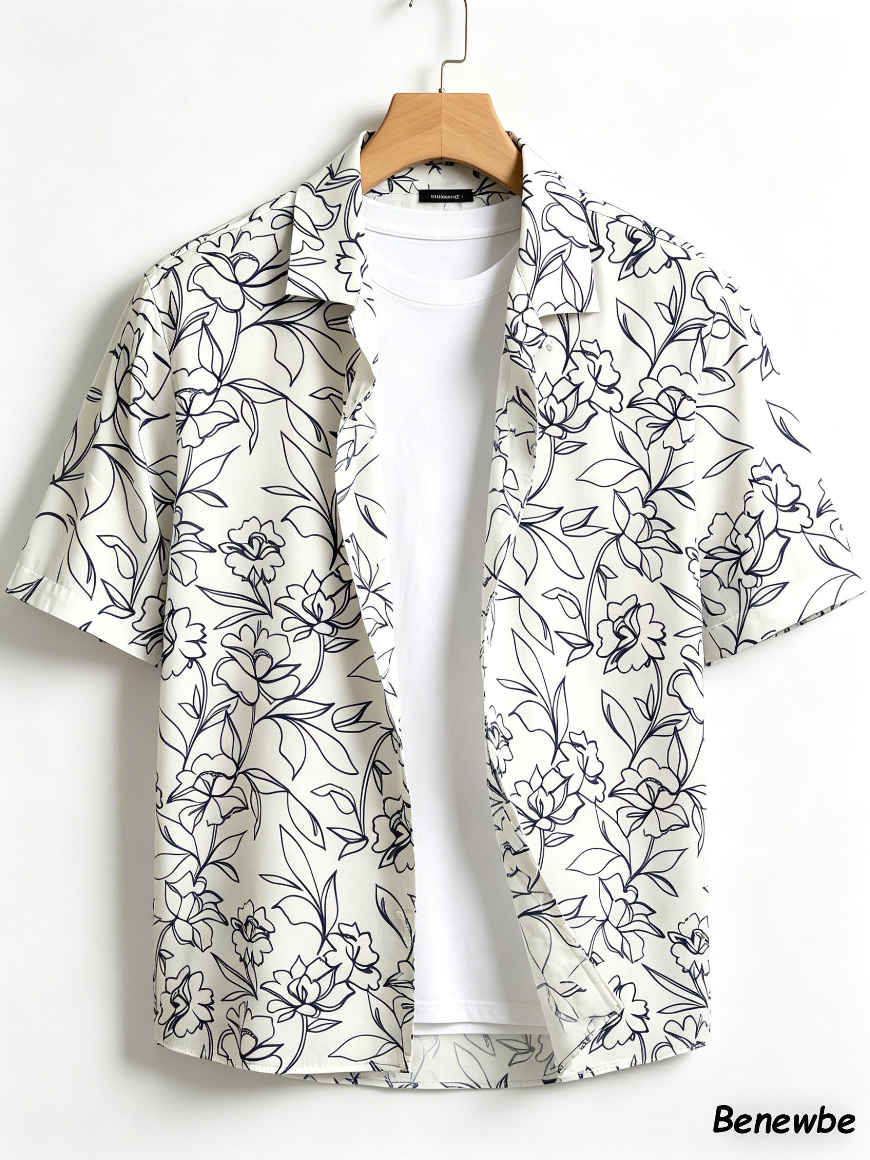 French-Inspired Sketch Flower Bouquet All-Over Print Shirt, Breathable Drapey Casual Short Sleeve Blouse For Men