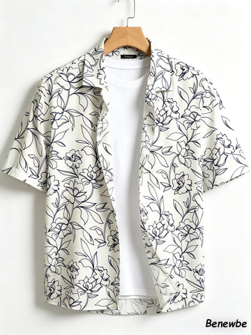French-Inspired Sketch Flower Bouquet All-Over Print Shirt, Breathable Drapey Casual Short Sleeve Blouse For Men