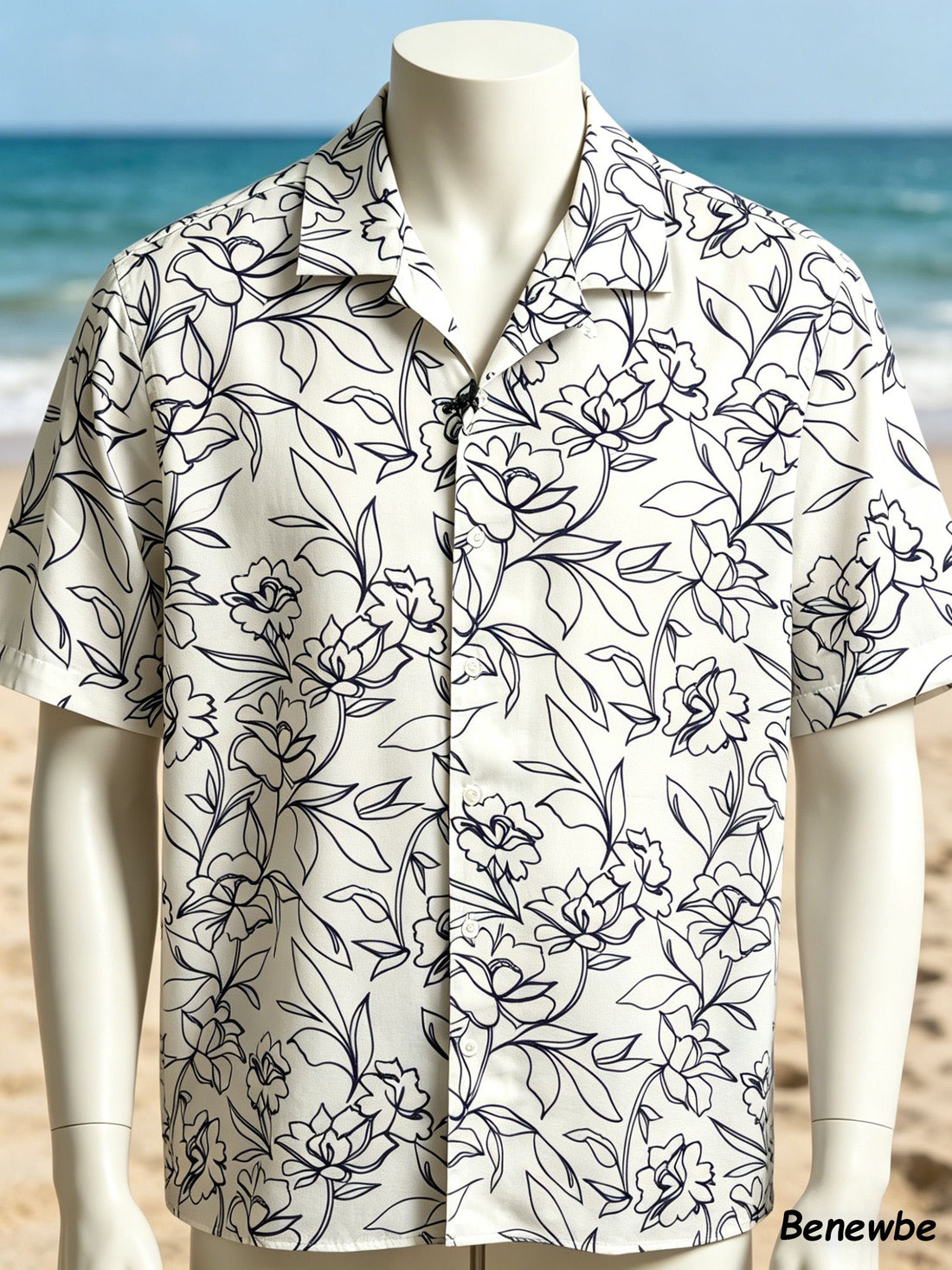 French-Inspired Sketch Flower Bouquet All-Over Print Shirt, Breathable Drapey Casual Short Sleeve Blouse For Men