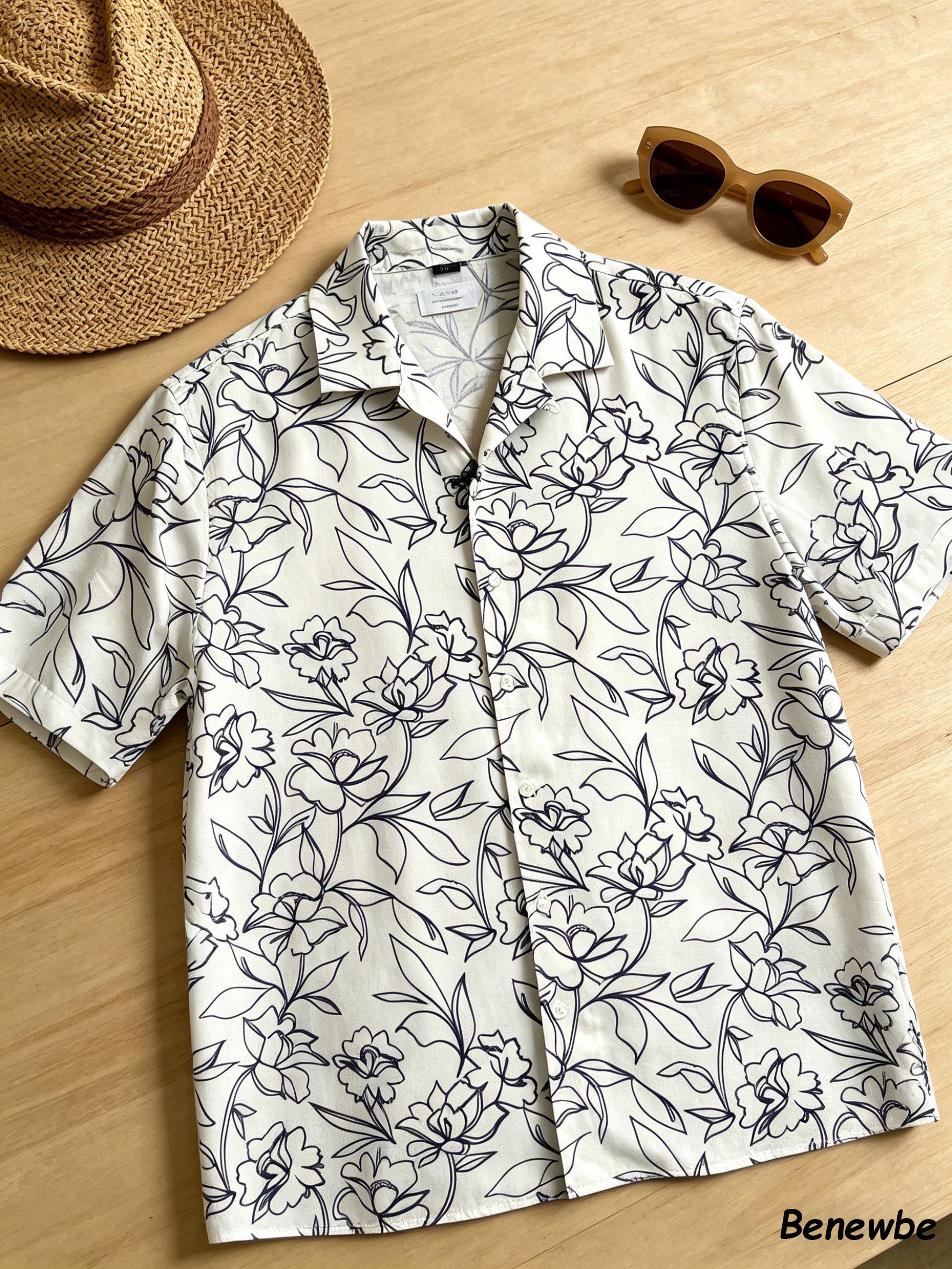 French-Inspired Sketch Flower Bouquet All-Over Print Shirt, Breathable Drapey Casual Short Sleeve Blouse For Men