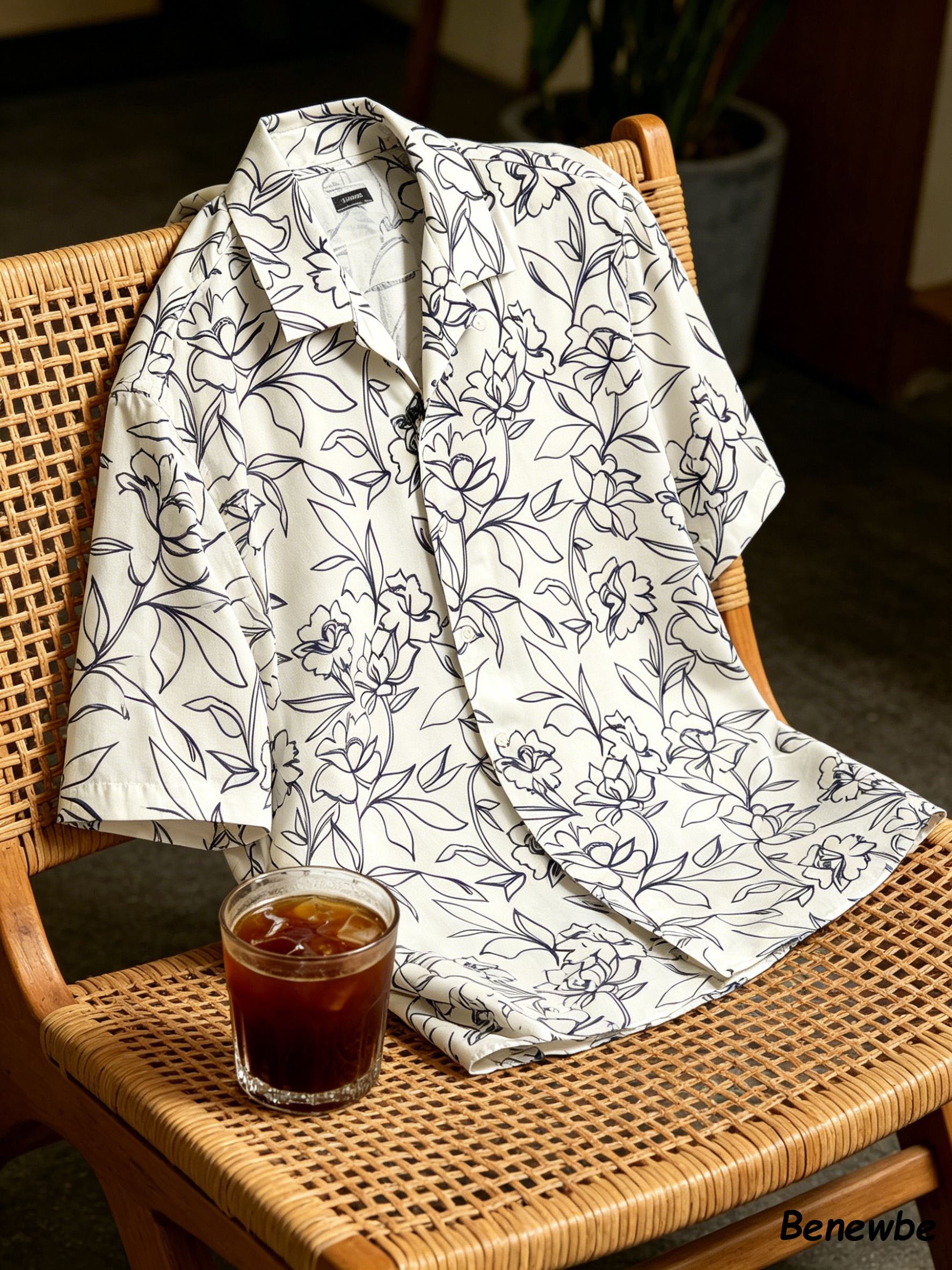 French-Inspired Sketch Flower Bouquet All-Over Print Shirt, Breathable Drapey Casual Short Sleeve Blouse For Men