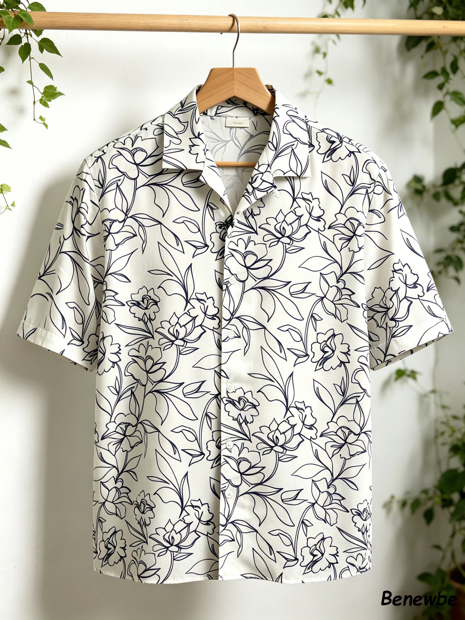 French-Inspired Sketch Flower Bouquet All-Over Print Shirt, Breathable Drapey Casual Short Sleeve Blouse For Men