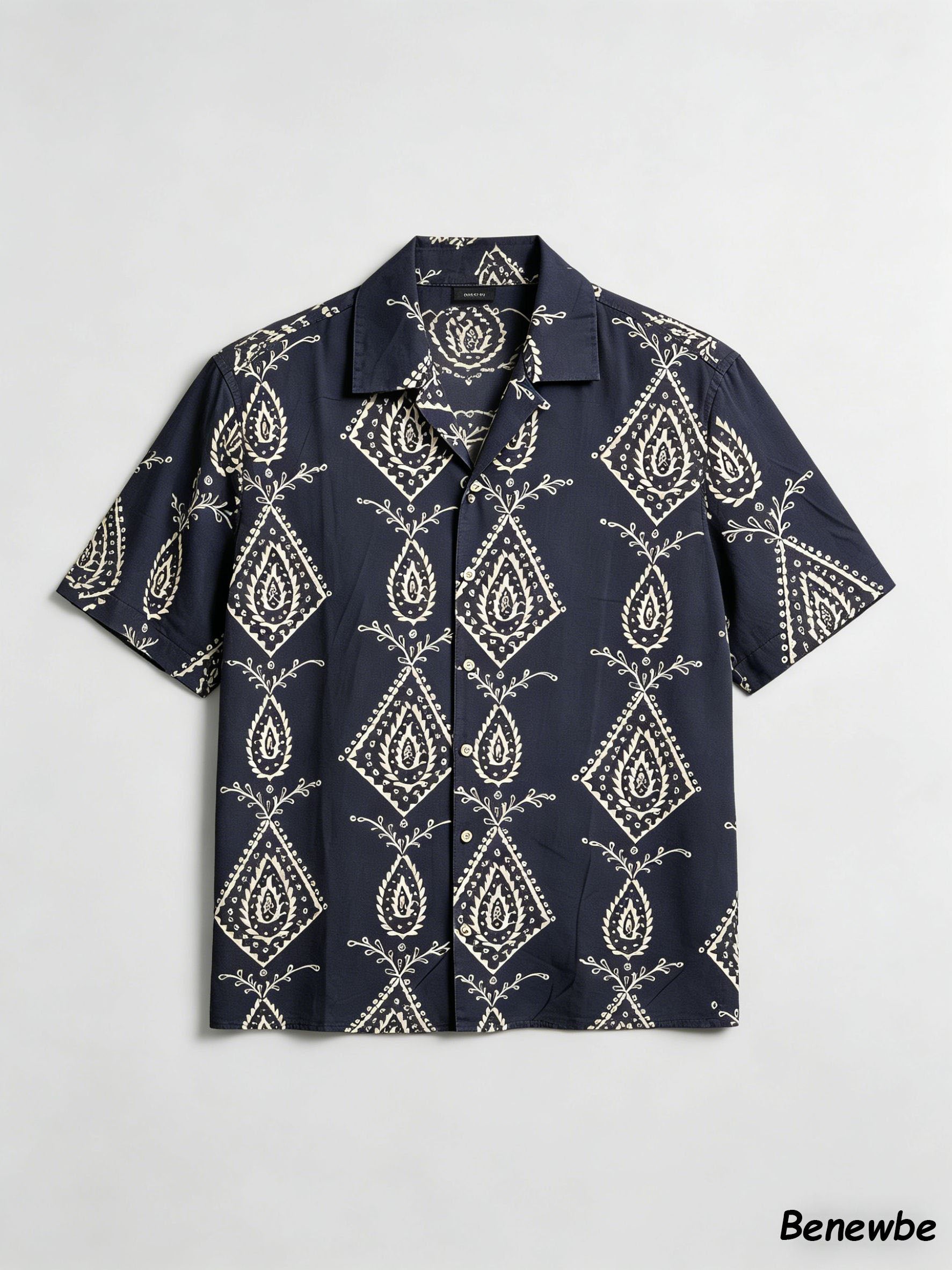 Men's Navy Paisley Geometric Short Sleeve Shirt, Retro Ethnic Camp Collar Loose Casual Top
