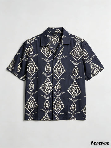 Men's Navy Paisley Geometric Short Sleeve Shirt, Retro Ethnic Camp Collar Loose Casual Top