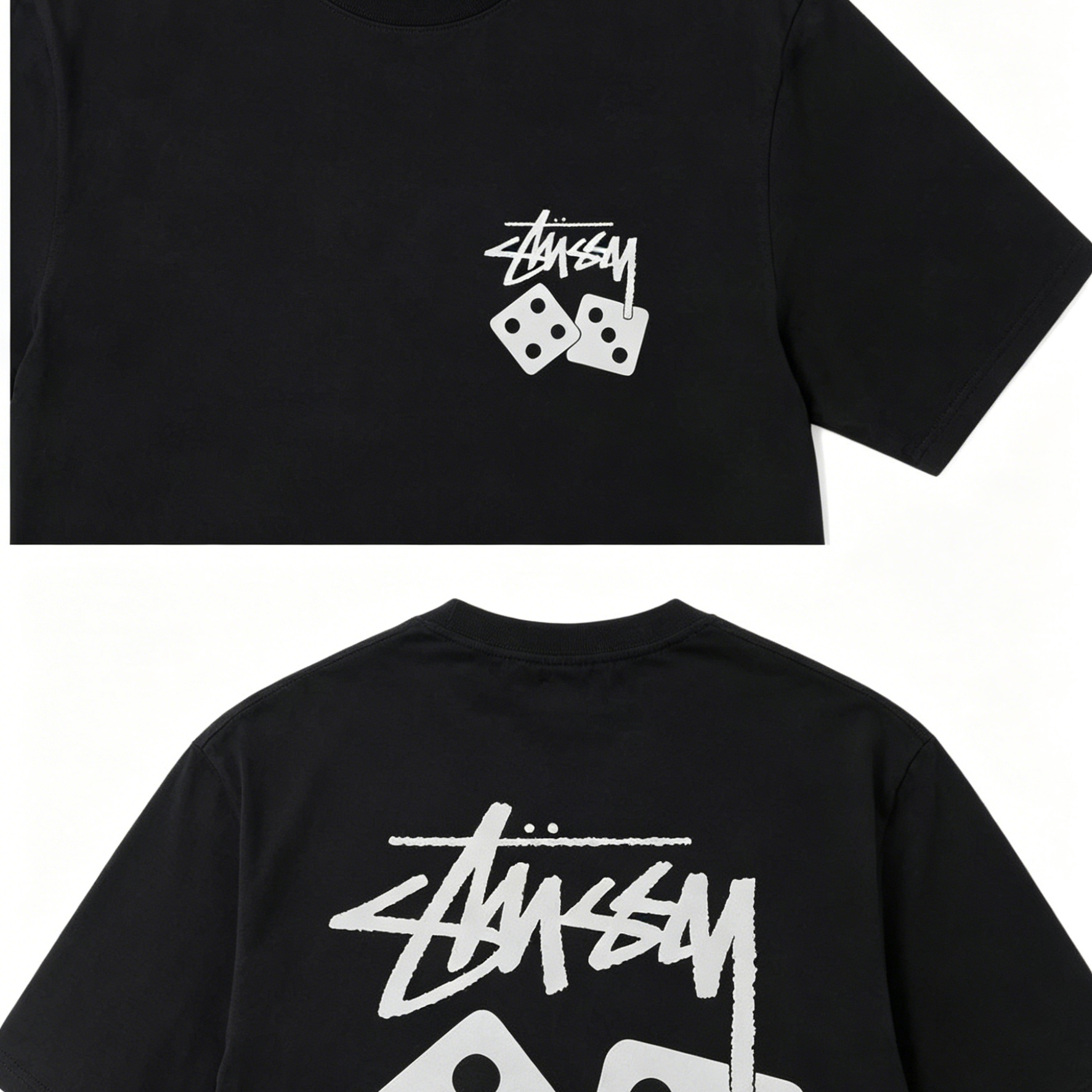Double-Sided Graffiti Script & Simple Dice Print Short Sleeve Top, Pure Cotton Casual Basic T‑Shirt