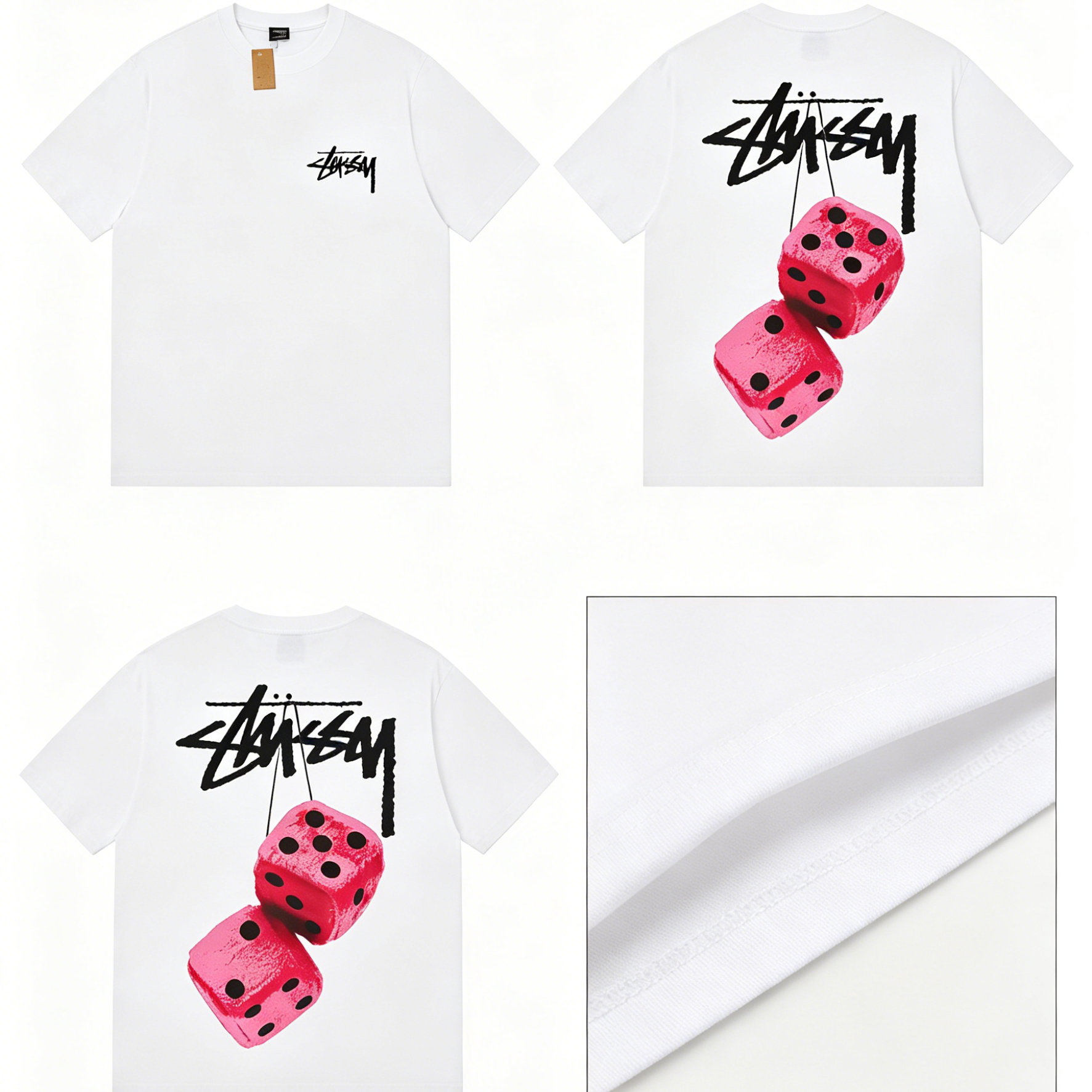 Double-Sided Graffiti Logo Plush Dice Print Short Sleeve Top, Pure Cotton Oversized Casual Crew Neck T‑Shirt