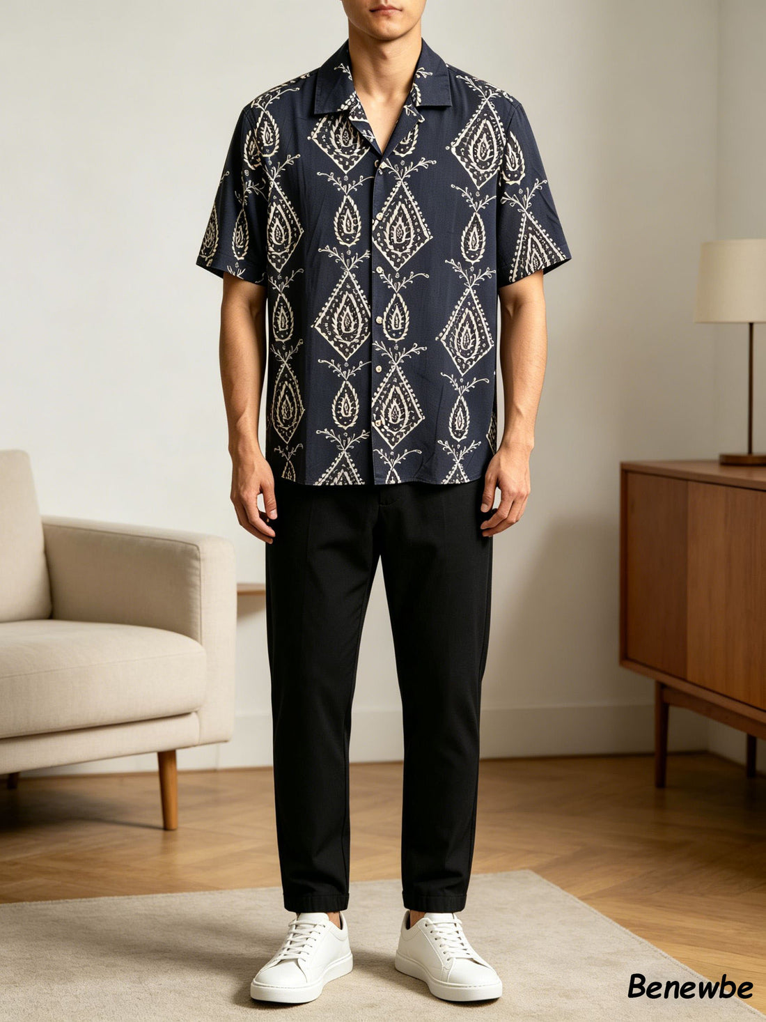 Men's Navy Paisley Geometric Short Sleeve Shirt, Retro Ethnic Camp Collar Loose Casual Top