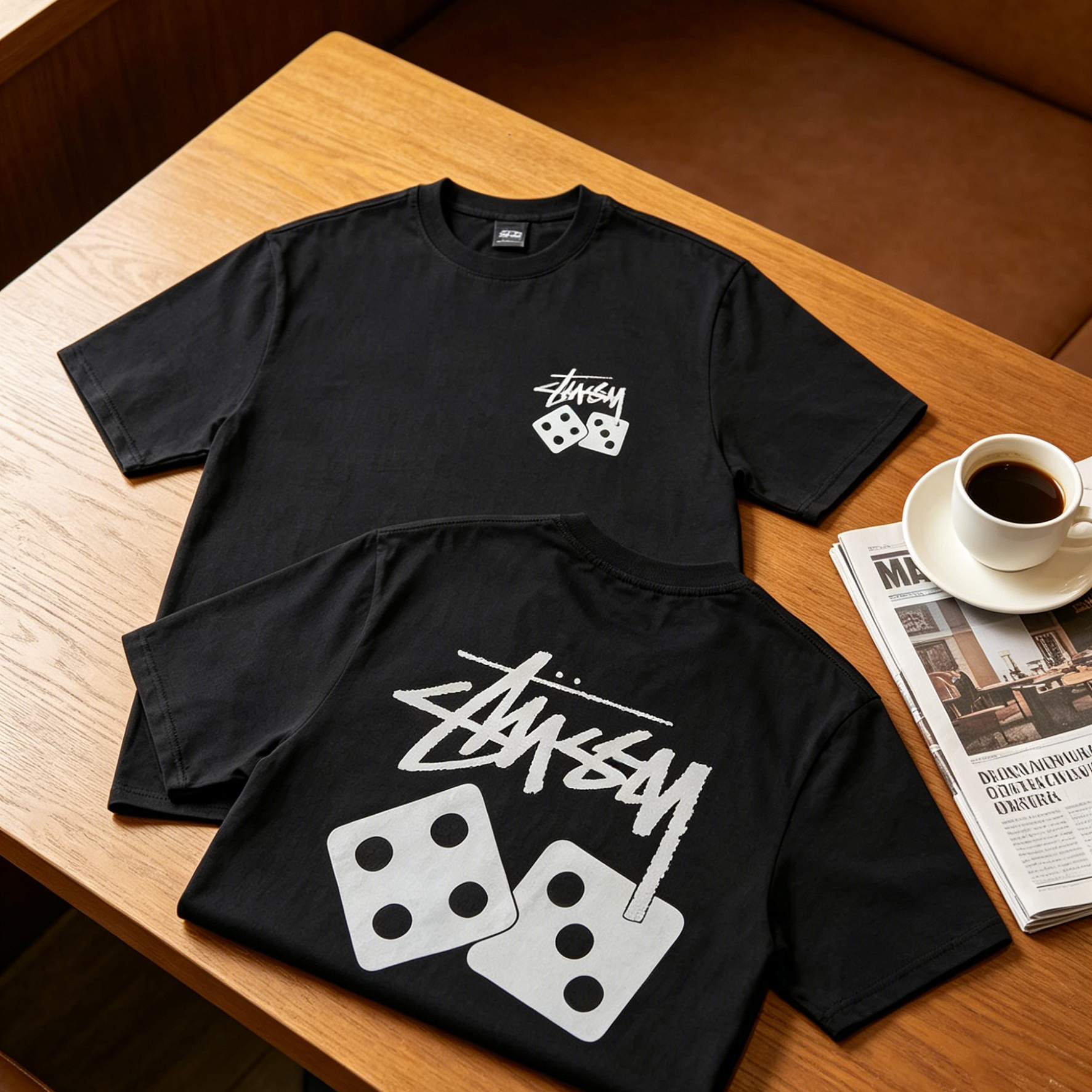 Double-Sided Graffiti Script & Simple Dice Print Short Sleeve Top, Pure Cotton Casual Basic T‑Shirt