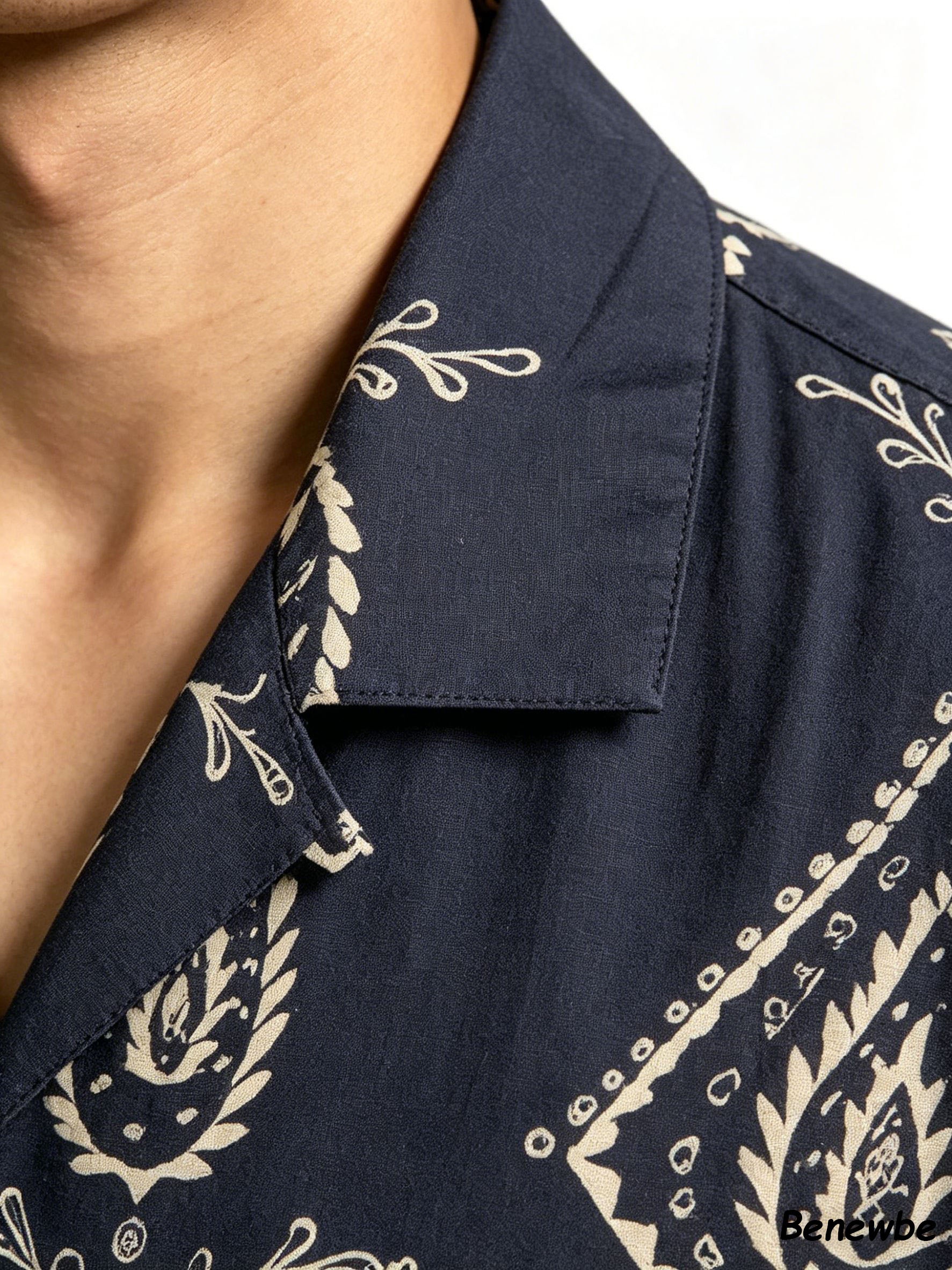 Men's Navy Paisley Geometric Short Sleeve Shirt, Retro Ethnic Camp Collar Loose Casual Top
