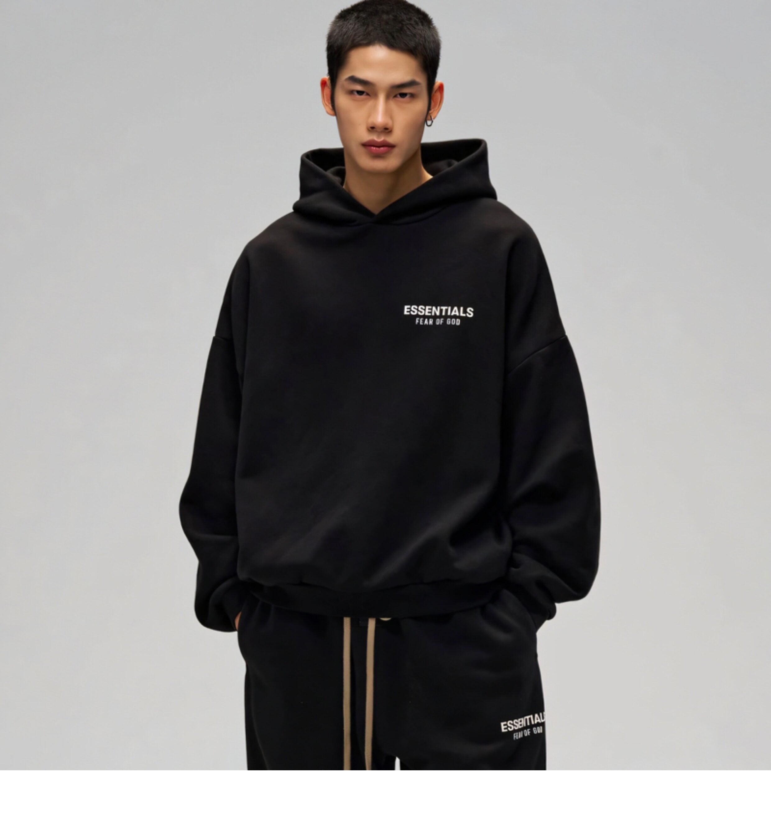 24 Model Fear Of God Essentials Double-Sided Logo Oversized Hoodie, Heavyweight Cotton Casual Pullover Hooded Sweatshirt