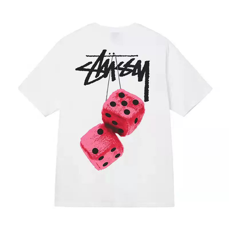 Double-Sided Graffiti Logo Plush Dice Print Short Sleeve Top, Pure Cotton Oversized Casual Crew Neck T‑Shirt