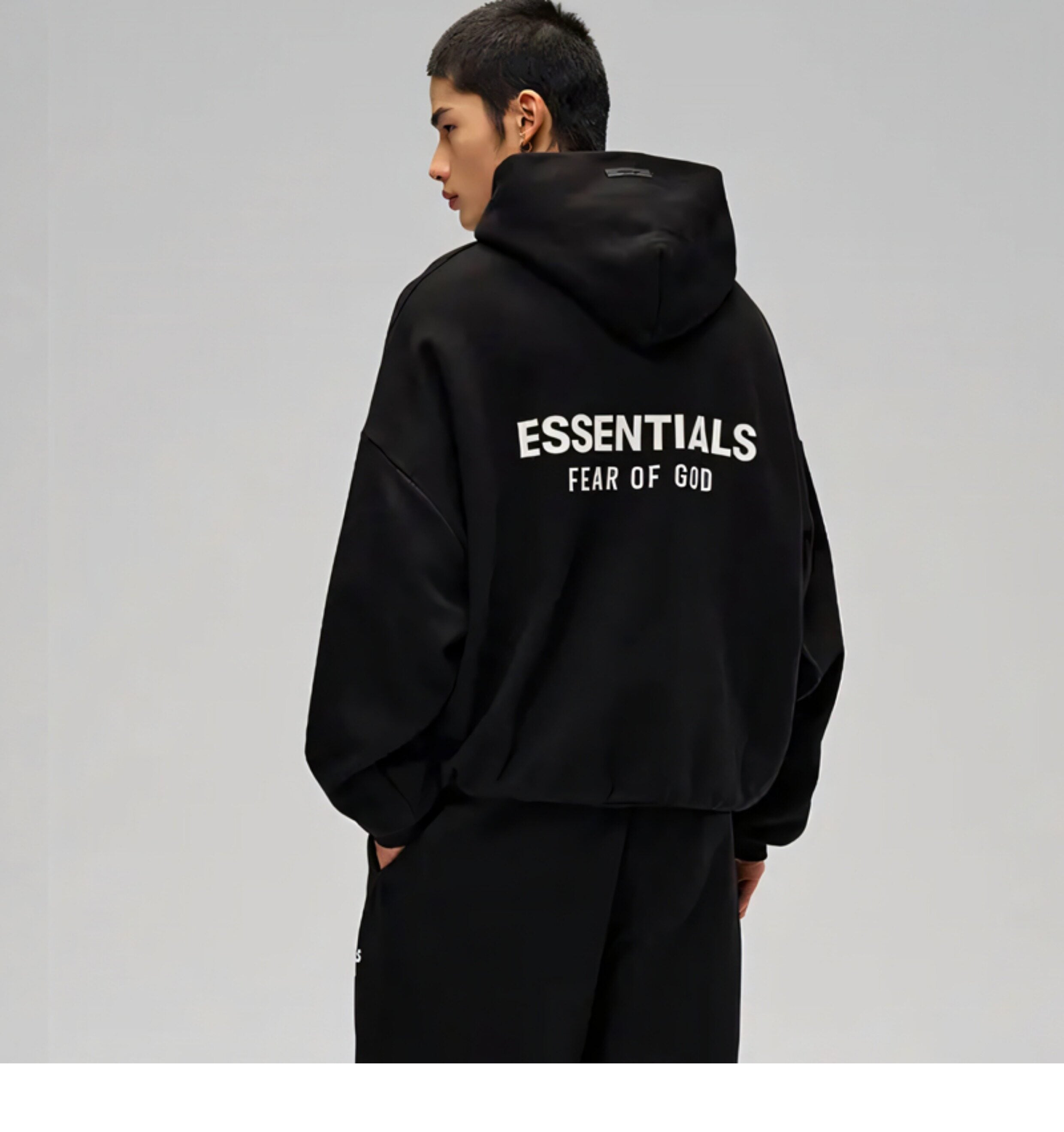 24 Model Fear Of God Essentials Double-Sided Logo Oversized Hoodie, Heavyweight Cotton Casual Pullover Hooded Sweatshirt