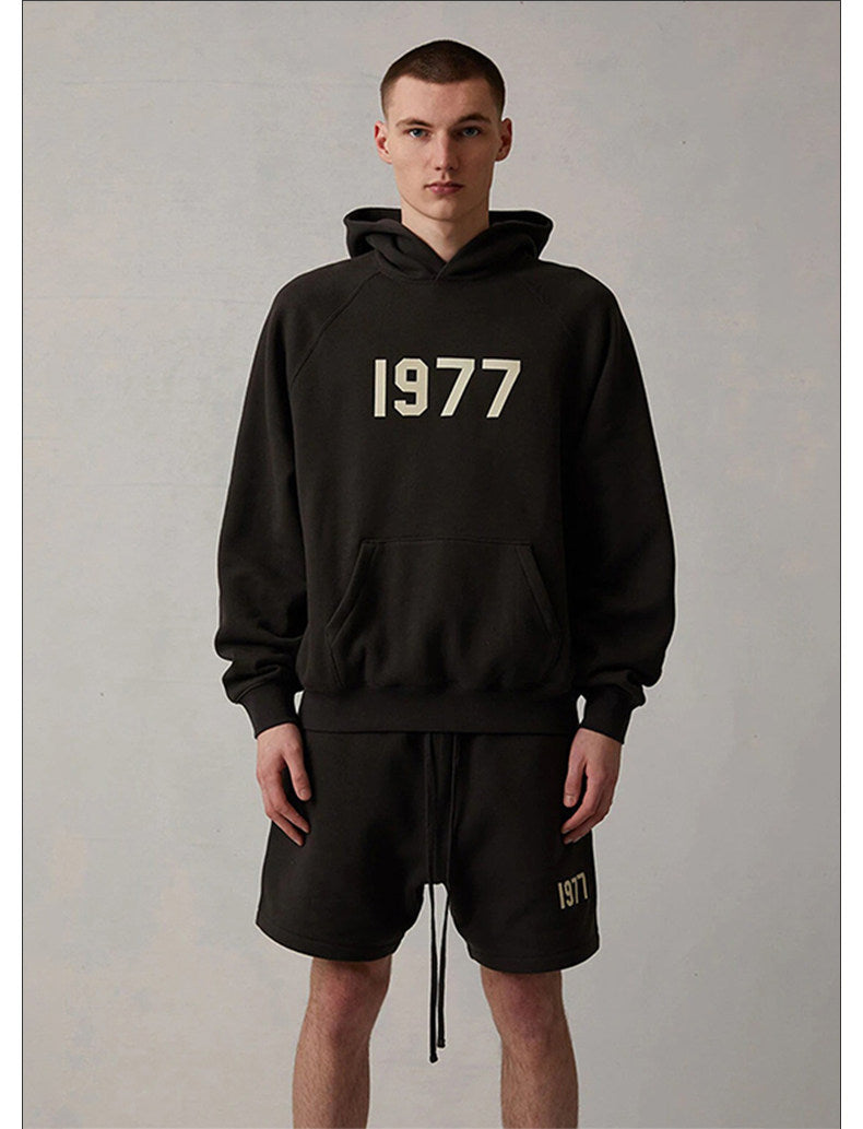Men's 1977 Foam Print Oversized Pullover Hoodie, Heavyweight Fleece Streetwear Hooded Sweatshirt