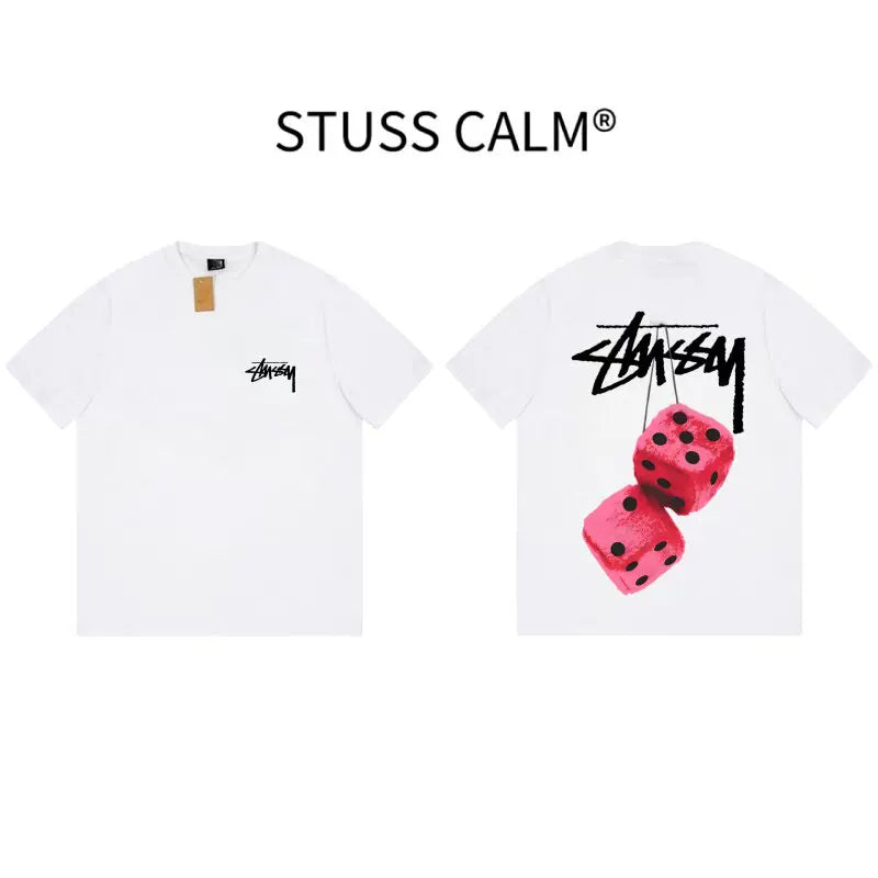 Double-Sided Graffiti Logo Plush Dice Print Short Sleeve Top, Pure Cotton Oversized Casual Crew Neck T‑Shirt
