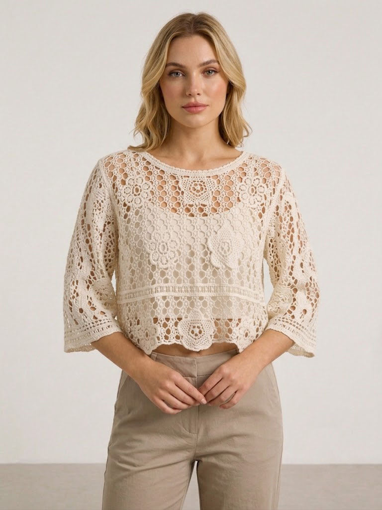 Women's 3D Crochet Hollow Knit Cover Up, Round Neck 3/4 Flare Sleeve Cropped Vacation Top