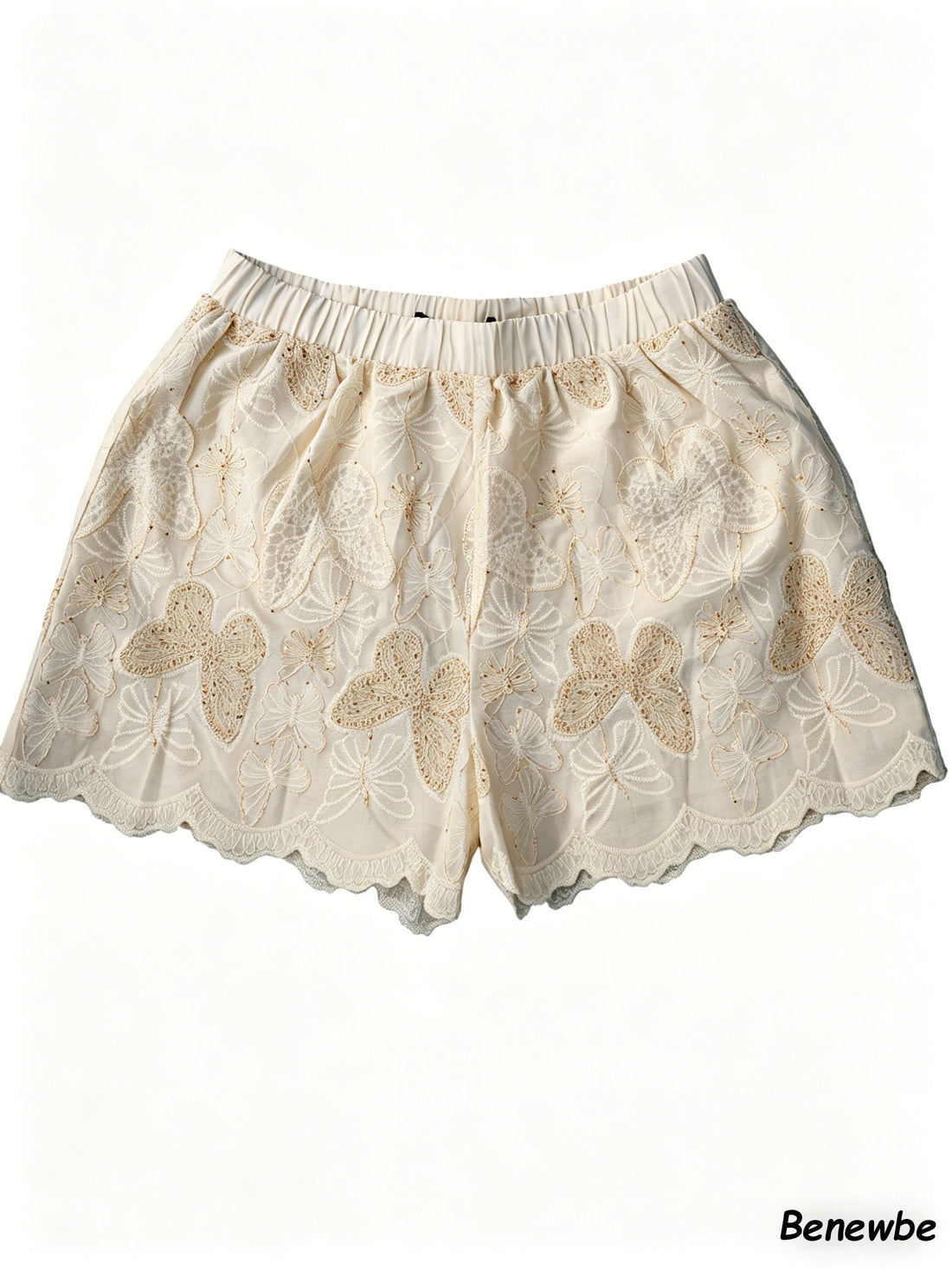 Cream Butterfly Embroidered Lace Shorts, High-Waisted Elastic Waist Scalloped Hem Short Pants