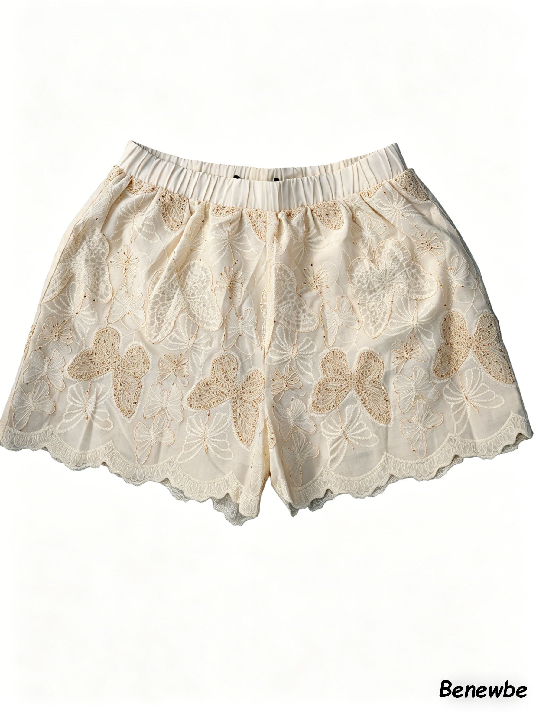 Cream Butterfly Embroidered Lace Shorts, High-Waisted Elastic Waist Scalloped Hem Short Pants