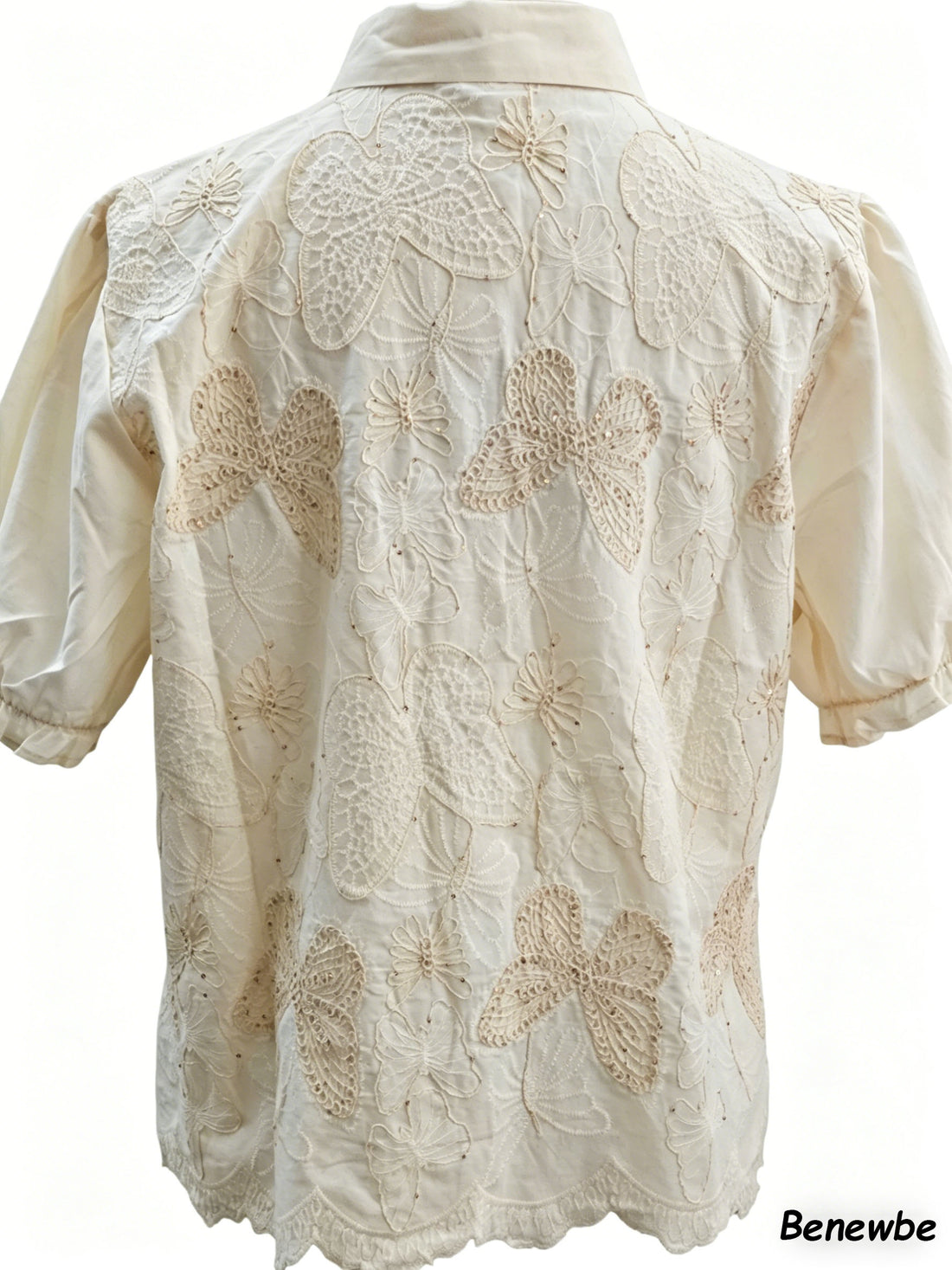 French Vintage Floral Applique Short Sleeve Top, Ruffle Cuff Casual Button Down Blouse