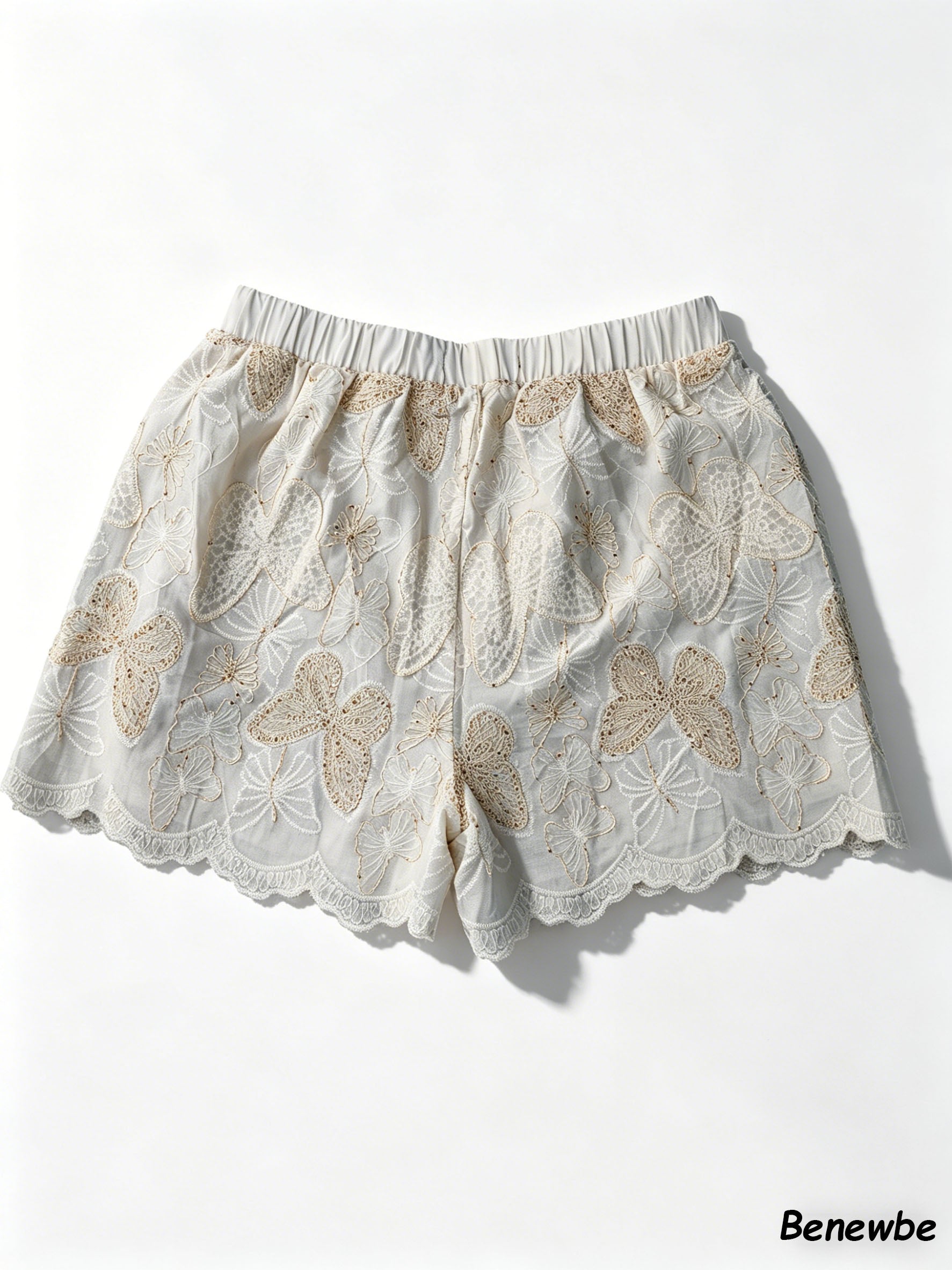 Cream Butterfly Embroidered Lace Shorts, High-Waisted Elastic Waist Scalloped Hem Short Pants