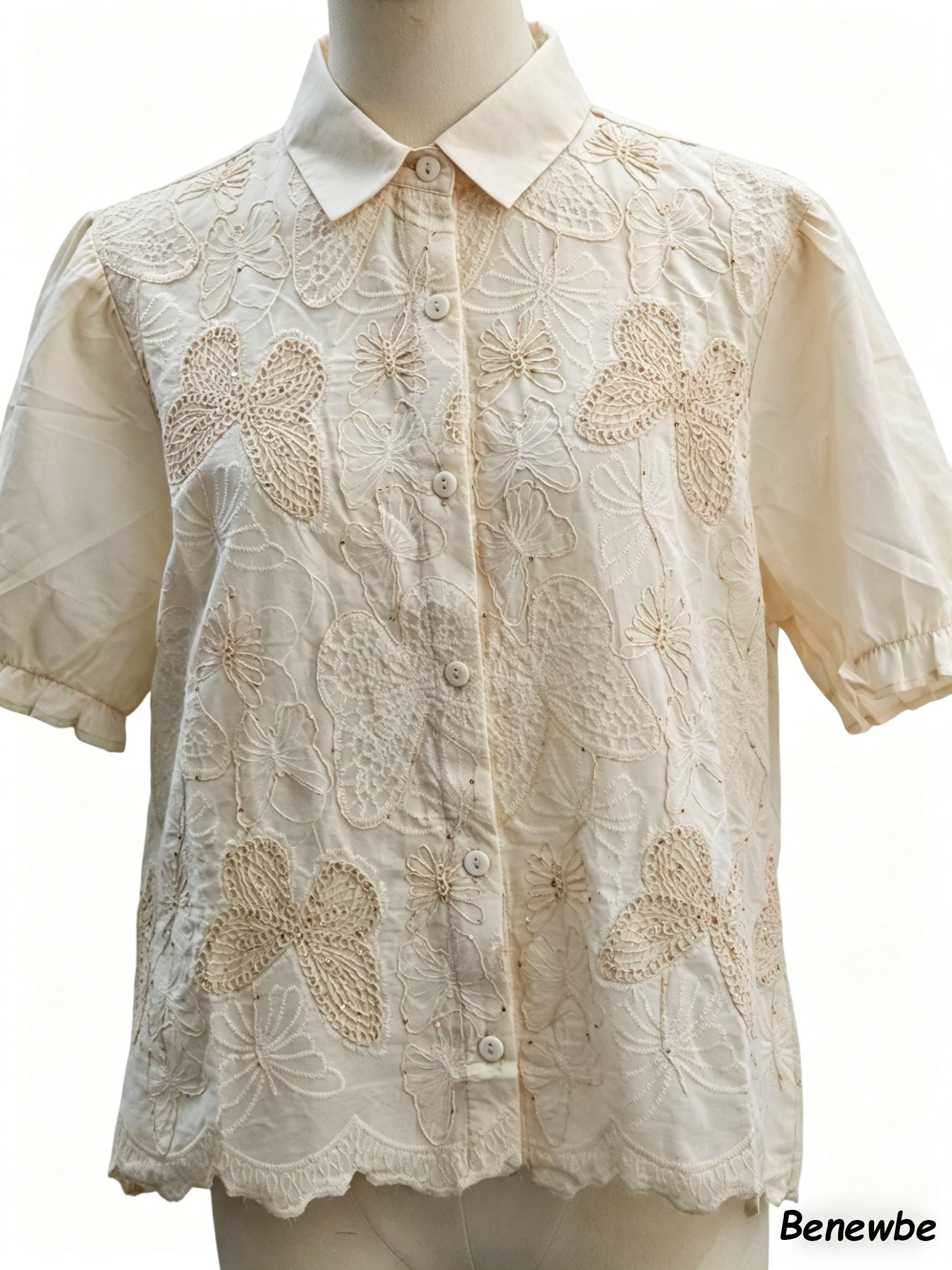 French Vintage Floral Applique Short Sleeve Top, Ruffle Cuff Casual Button Down Blouse