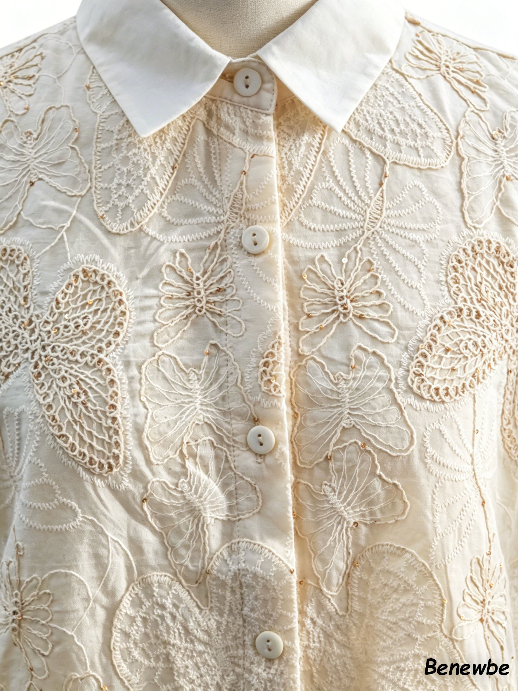 French Vintage Floral Applique Short Sleeve Top, Ruffle Cuff Casual Button Down Blouse
