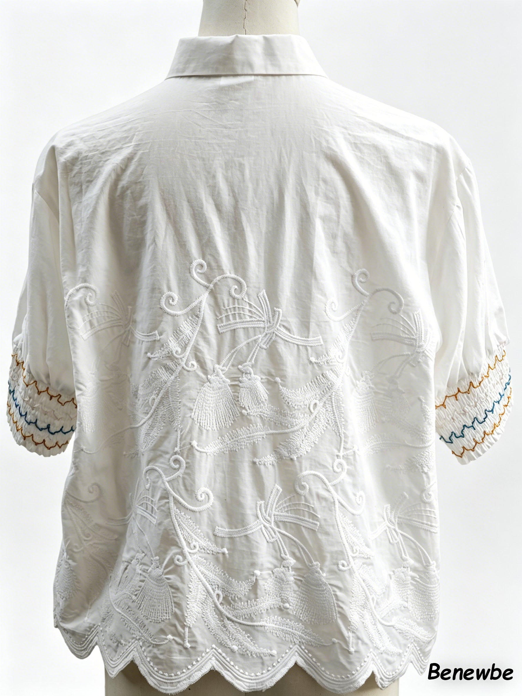 Women's Heavy Embroidered Puff Sleeve White Blouse, Vintage Collar Smocked Cuff Scalloped Hem Shirt
