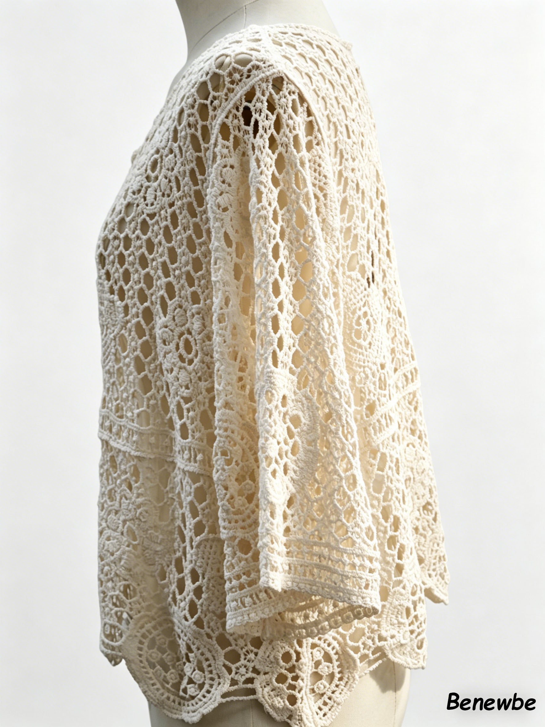 Women's 3D Crochet Hollow Knit Cover Up, Round Neck 3/4 Flare Sleeve Cropped Vacation Top