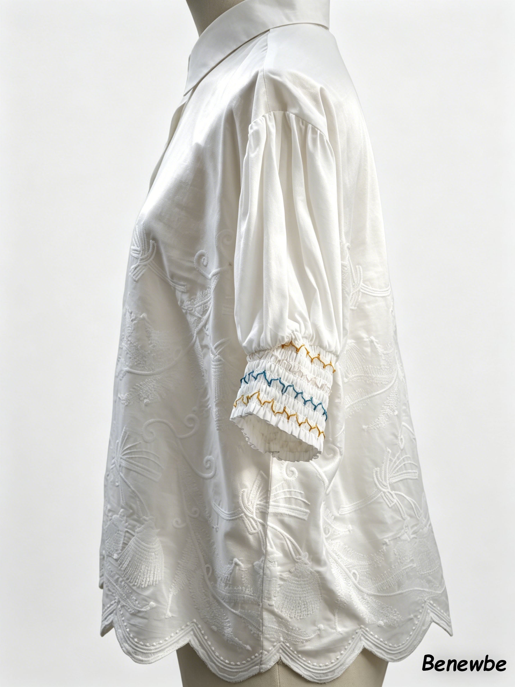 Women's Heavy Embroidered Puff Sleeve White Blouse, Vintage Collar Smocked Cuff Scalloped Hem Shirt
